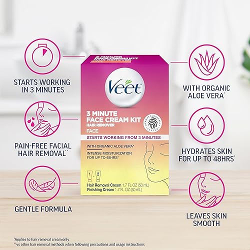 Miniatura 3 de Veet Crema depilatoria facial de 3 minutos para mujeres, crema depilatoria con aloe vera orgánico, kit de eliminación de vello facial de 2 piezas,
