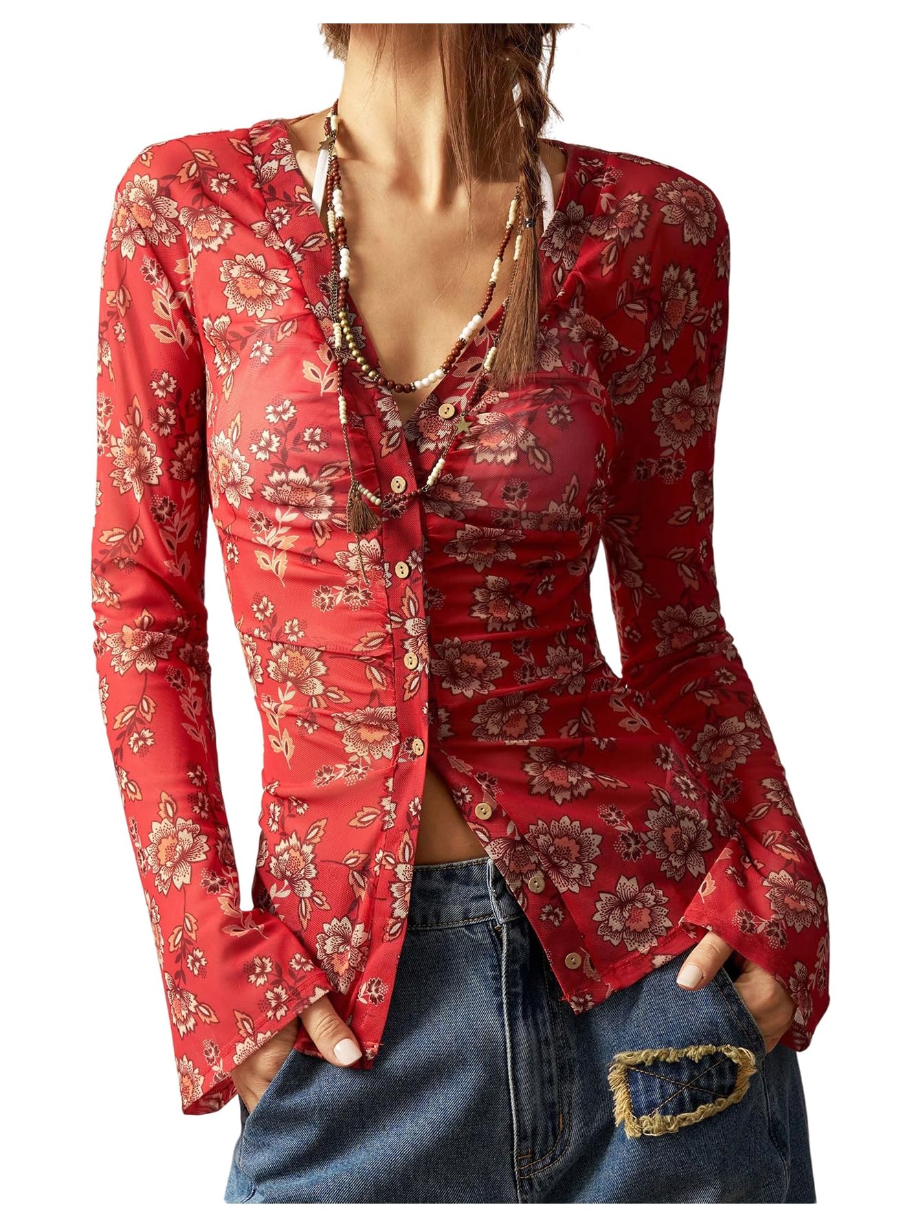 SOLY HUX Women's Long Sleeve Shirts Boho Floral Print Blouses Button Down V Neck Fitted Tops