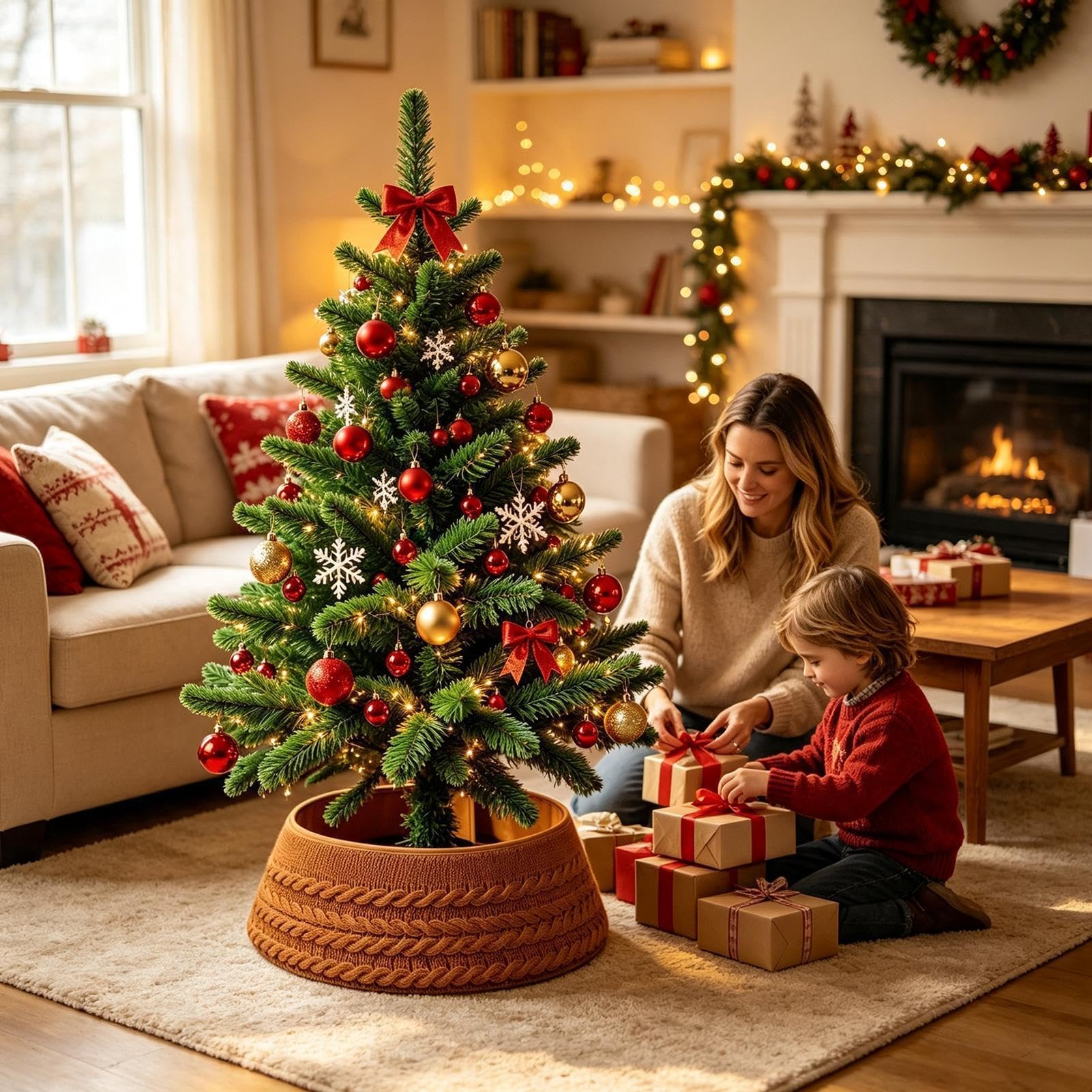 Colletto per albero di Natale, rotondo, lavorato a maglia, decorazione per