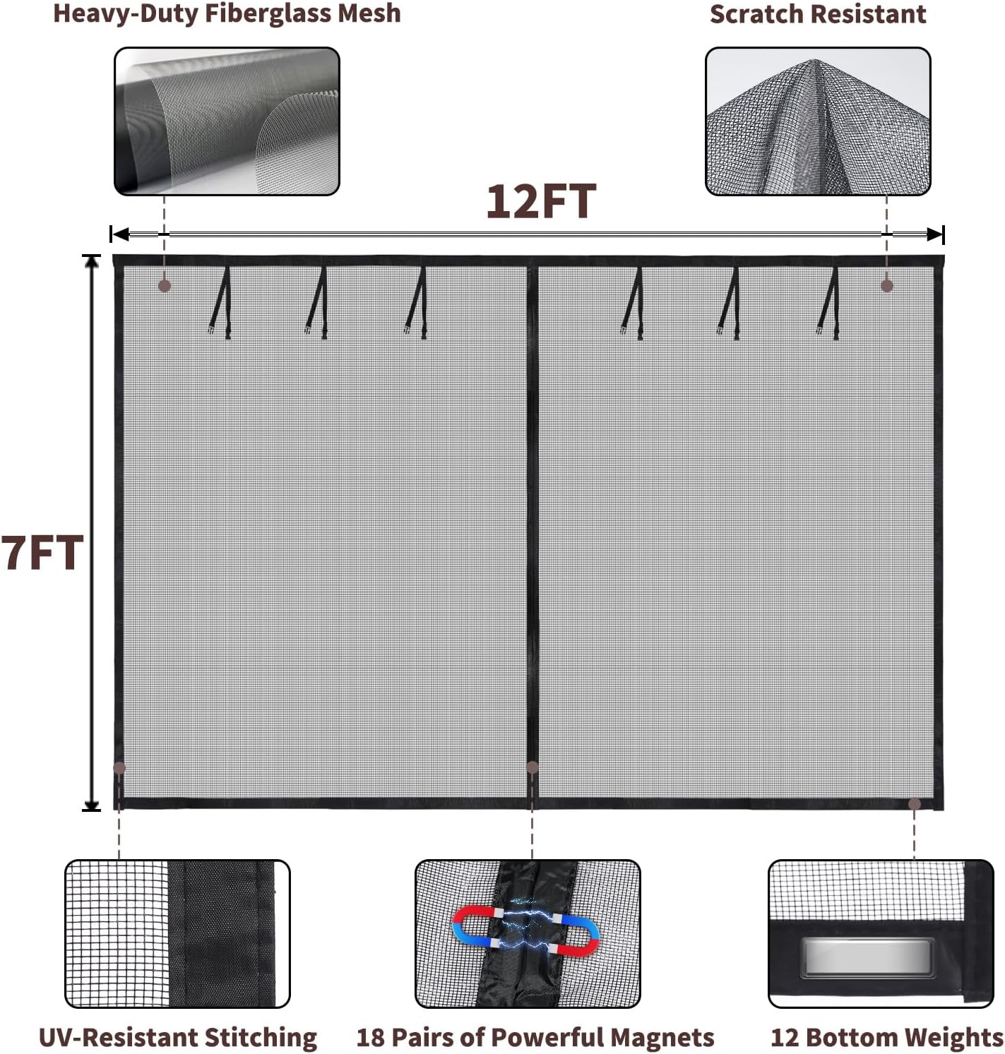 Garage Door Screen for 2 Car Garage 12x7FT, Heavy Duty Fiberglass Garage Screen Door with Hands-Free Magnetic Closure, Reinforced Edges & Weighted Bottom for Bug-Free Workshop, Patio, and Gym