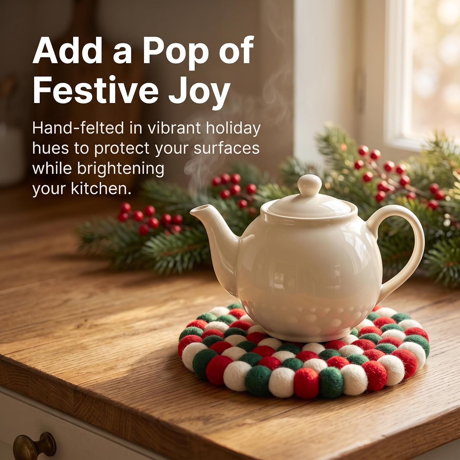 Wool Felt Trivet Pot Mat, 7.8in Hot Pad, Christmas Color, 1 Pack