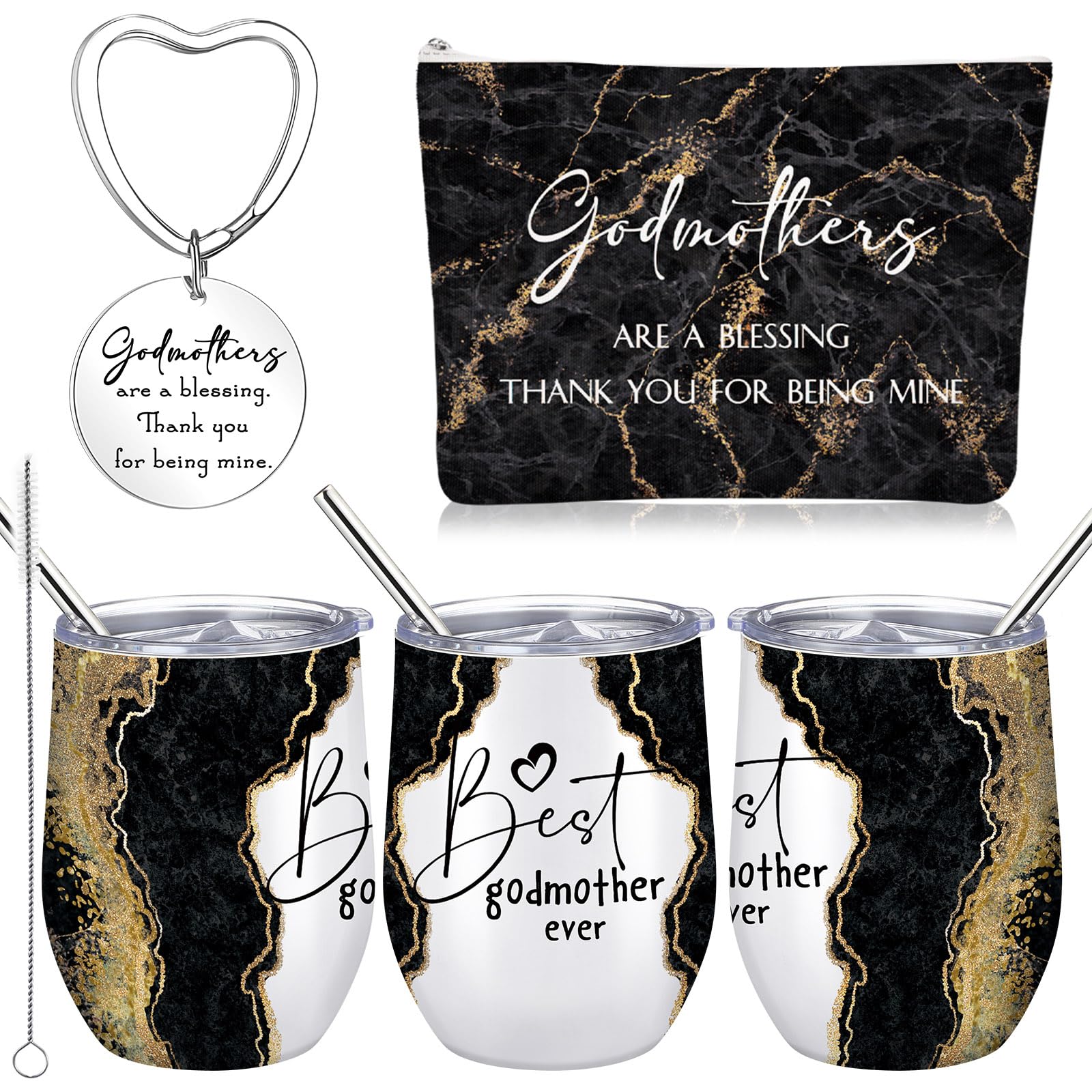 Didaey 3 Pcs Godmother Proposal Gifts Thank You for Be Mine Godmother from Godchild 12oz Stainless Steel Tumbler Makeup Bag Keychain Gifts for Women