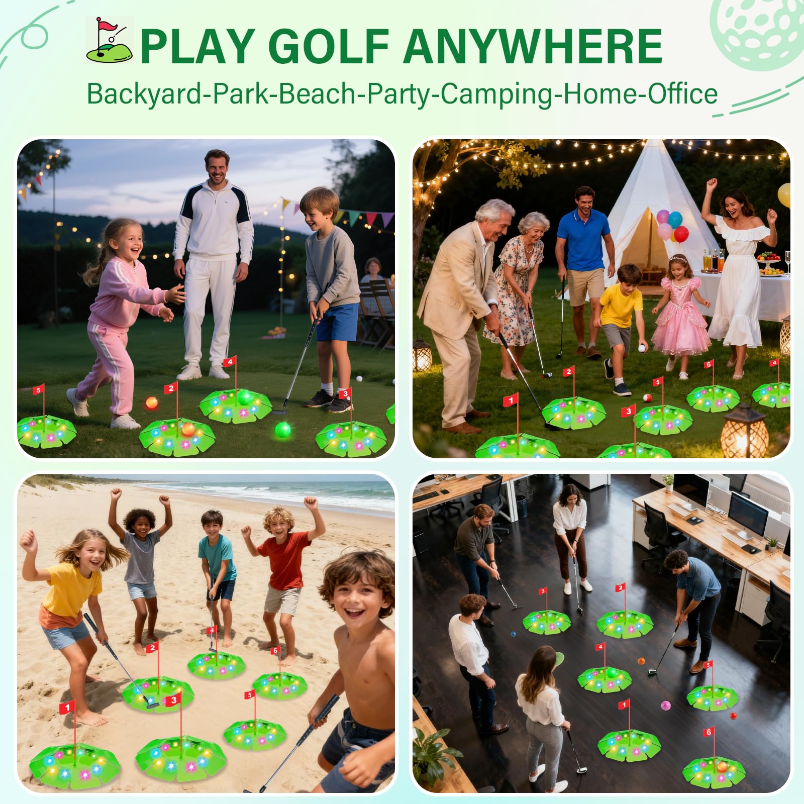 TERRAMUS Light Up Golf Play Set, Upgraded Kids Toy Golf Putting Game Set including 6 LED Targets, 2 Clubs, 6 Balls (2 Glow) - Image 4