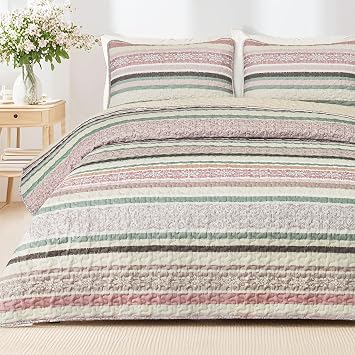 Exclusivo Mezcla Reversible Boho Quilts Queen Size Pink | Lightweight Soft Bedspreads, All Season Striped Coverlet Bedding Set, Printed Floral Pattern, 1 Quilt and 2 Pillow Shams