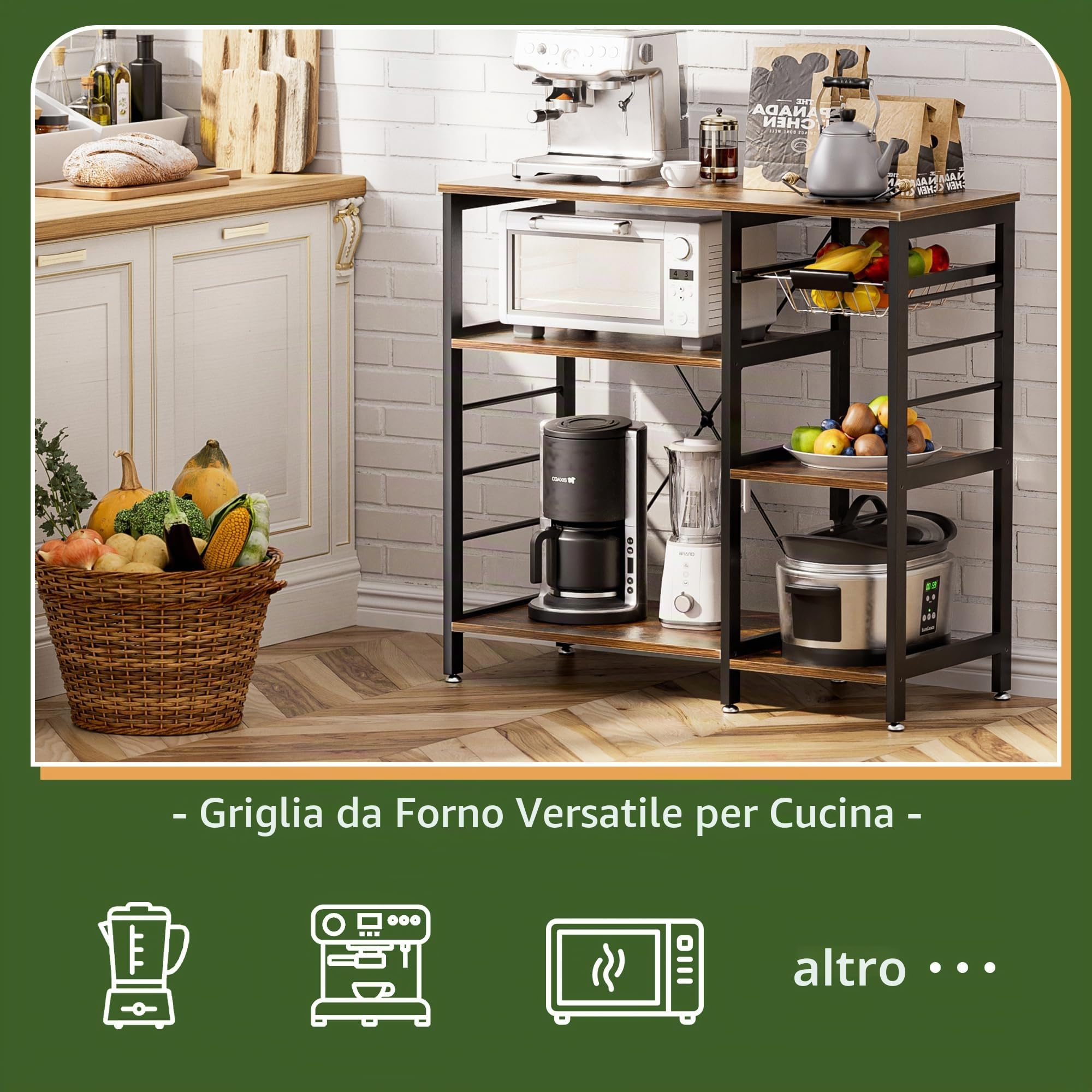 Scaffale da cucina, supporto per forno a microonde con struttura in bambù, barra da caffè da 90 cm con cestino in filo e 6 ganci per cucina, soggiorno, ufficio, Marrone Rustico