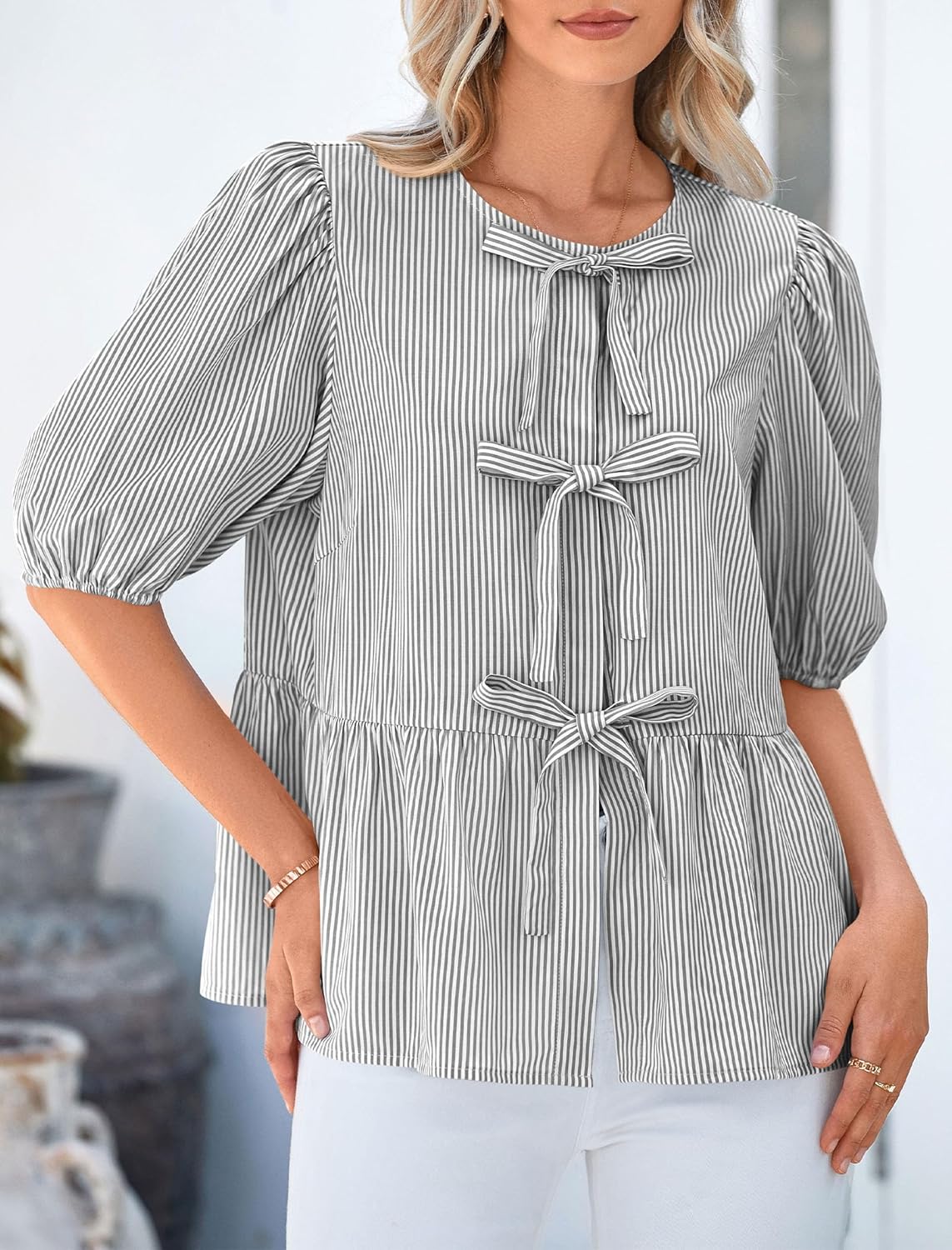 PRETTYGARDEN Women's Tie Front Striped Shirt 2026 Summer Trendy Fashion Cute Babydoll Tops Peplum Puffy Sleeve Blouse - Image 5