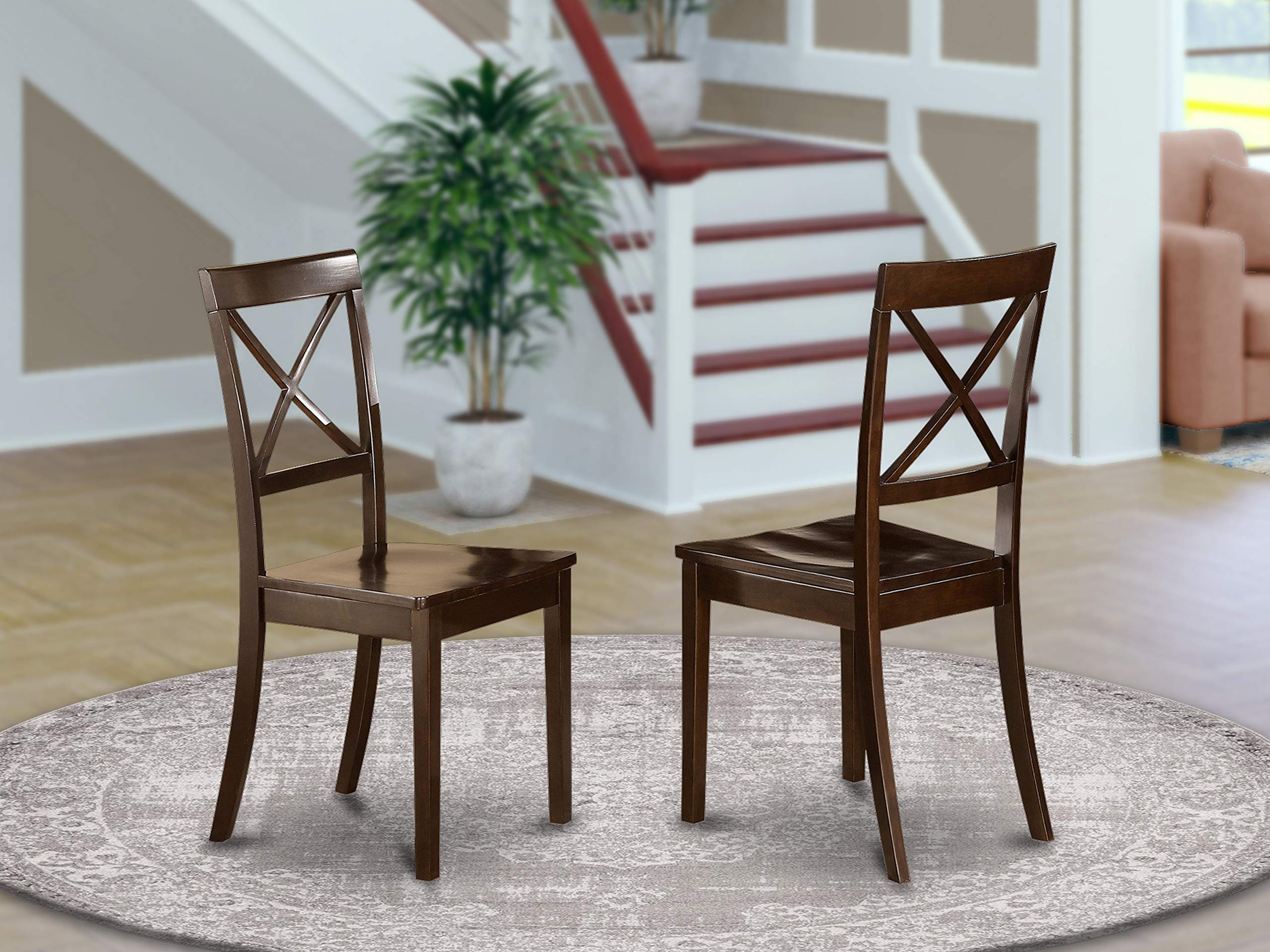 East West Furniture Boston Wooden Dining Chairs Wooden Seat and Cappuccino Finish Solid Wood Frame Dining Chair Set of 2