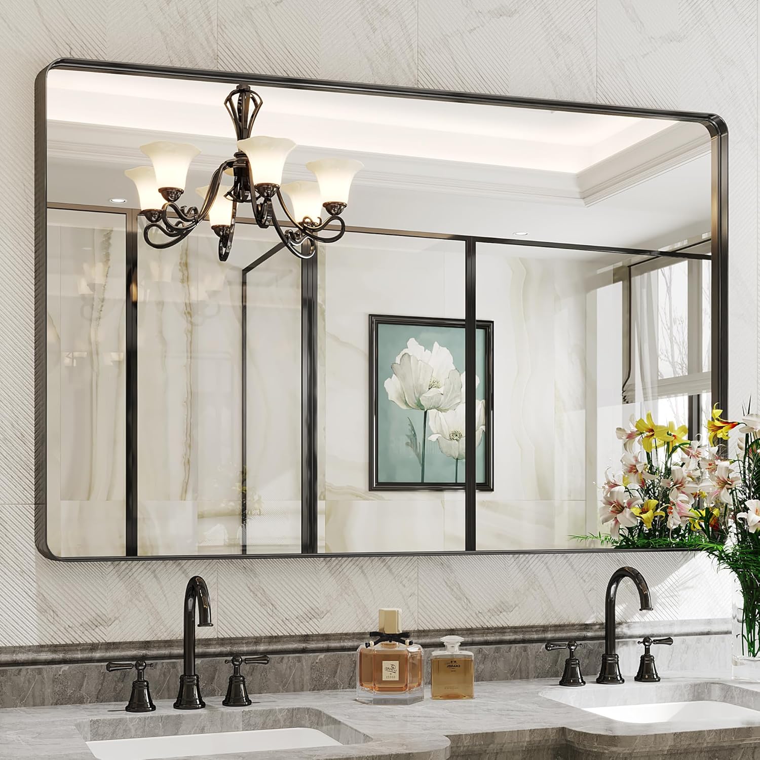 Suidia Bathroom Mirror, 30" x 48" Wall Mirror Metal Framed, Bathroom Vanity Mirror for Living Room Bedroom Bathroom Entryway, Black, Rounded Corner Style