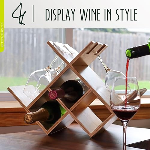 Miniatura 3 de G Francis Estante de vino para encimera con soporte para vidrio, 3 estantes de almacenamiento de vino de bambú, soporte de vino de mesa pequeño con