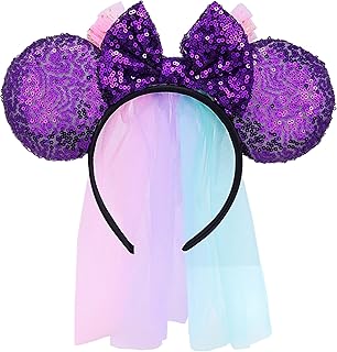 Sparkly Mouse Ears with Veil, Bride Headband for Bachelorette Party and Honeymoon, One Size