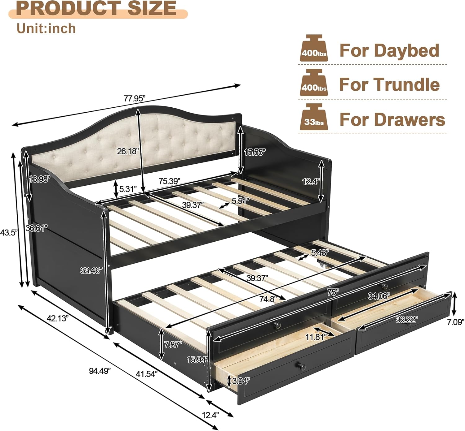Merax Daybed Product Dimensions and Weight Capacities