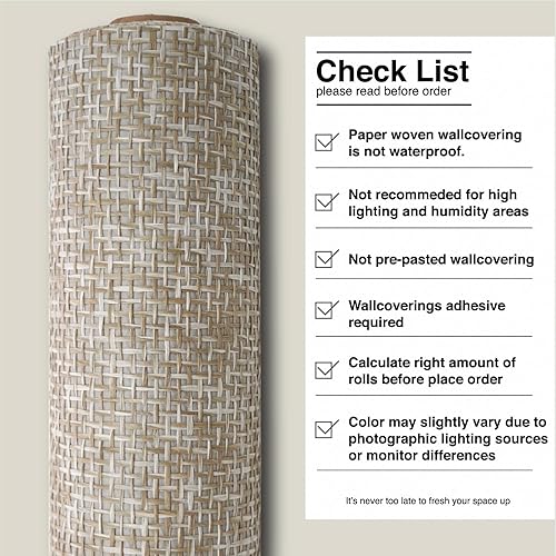 Miniatura 8 de Ansehan Wallcovering W010103 Cosmo Collection - Paño de pasto tejido de papel natural, textura moderna, para sala de estar y dormitorio, 36 pulgadas