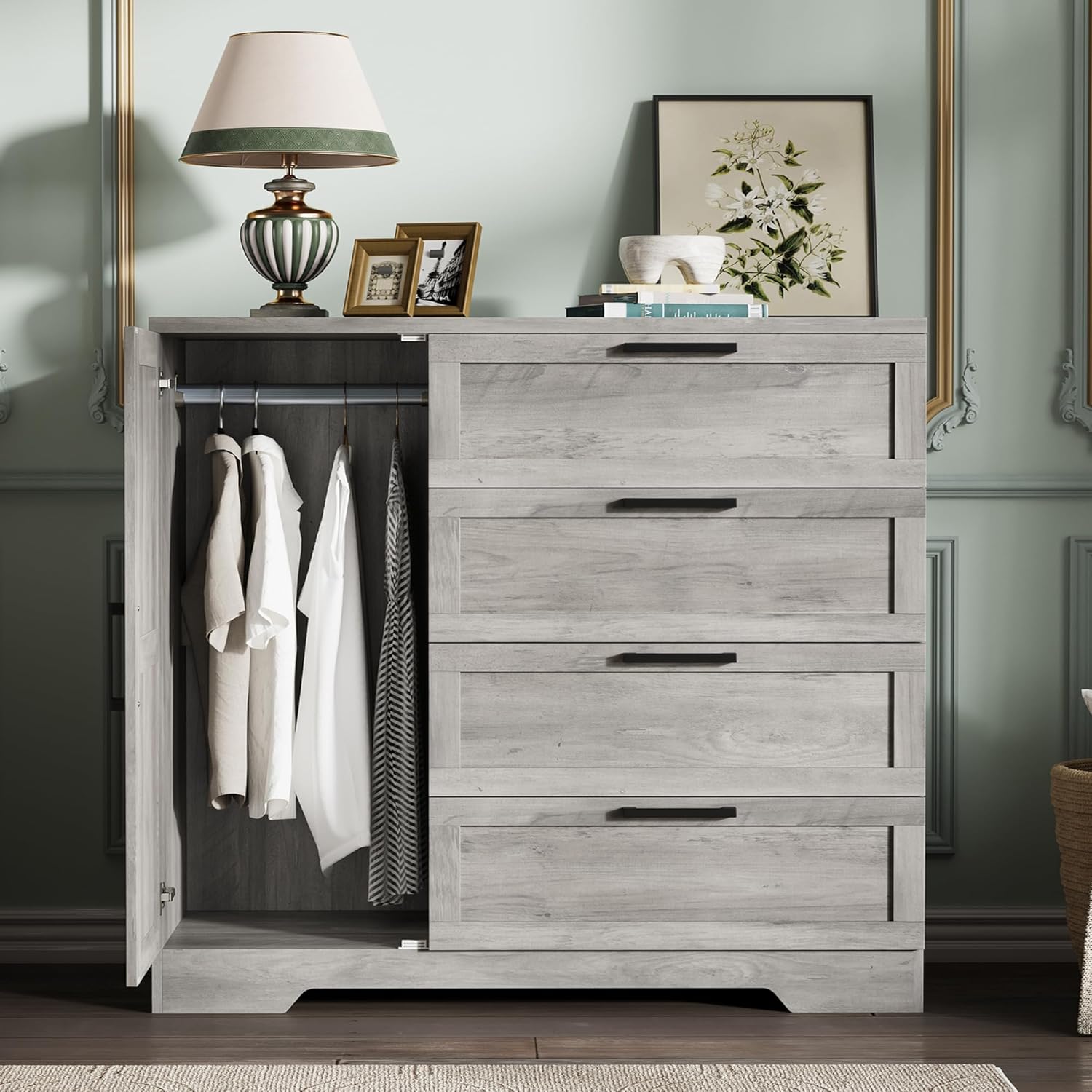 GarveeHome Wood Armoire Wardrobe Closet with 4 Drawers and Door, 43.3 in H Bedroom Wardrobe Cabinet with Hanging Rod, Clothing Storage Cabinets, 4 Drawers Dresser with Storage Closet, Gray
