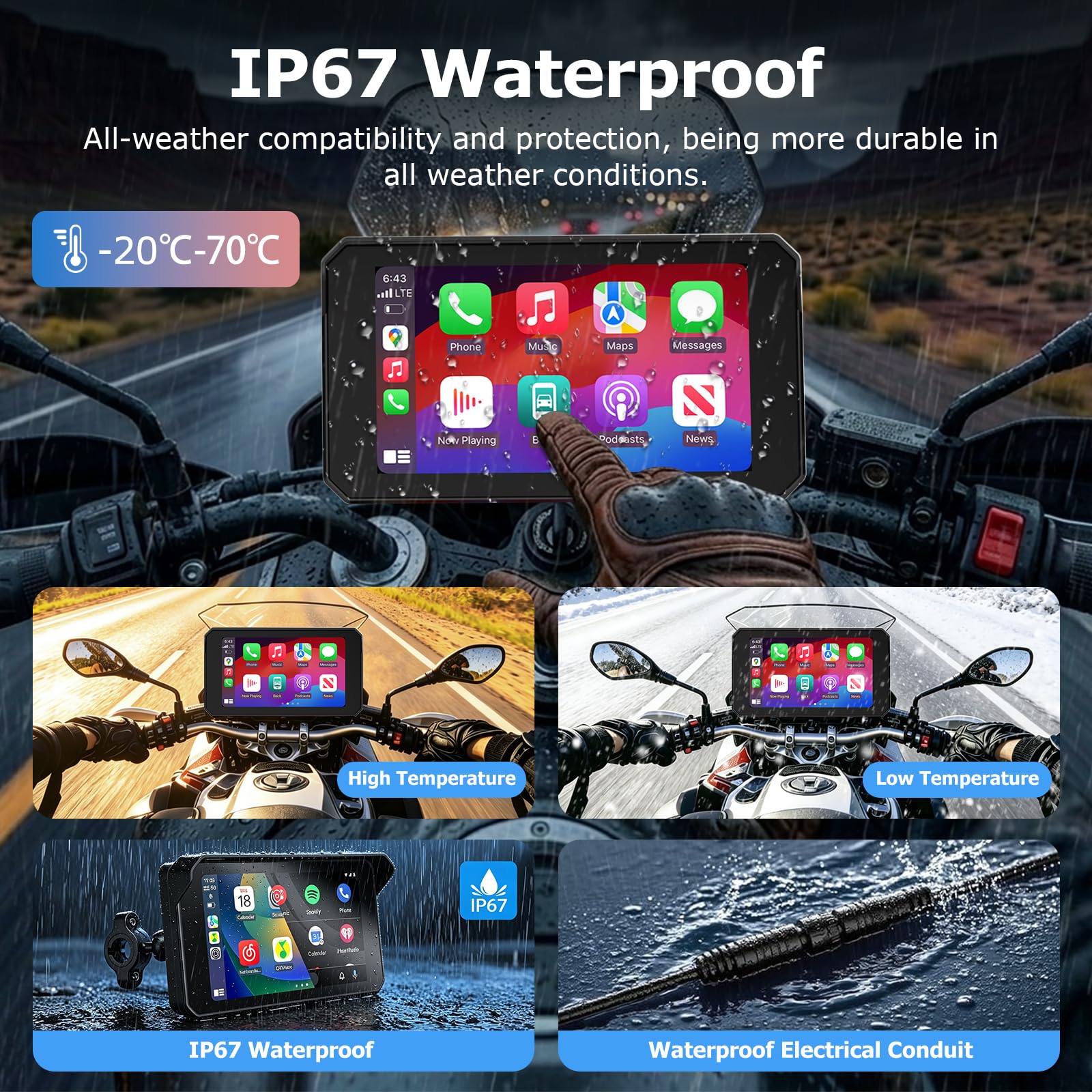 5 Zoll Motorrad Carplay Display, IP67 Ganzkörper Wasserdicht Motorrad navi Bluetooth GPS Siri/GOO-gle Assistente