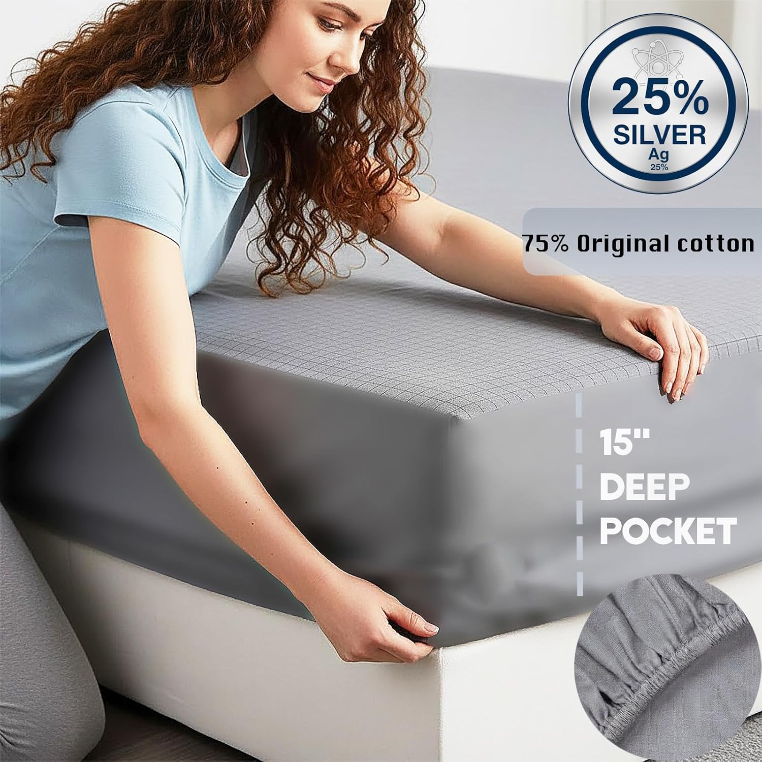 Grounding Sheets with Grounding Mat Set,25% Pure Silver Fiber+75% Organic Cotton,Deep Pocket Grounded Bed Fitted Sheets,40S Anti-Pilling Combed Cotton.