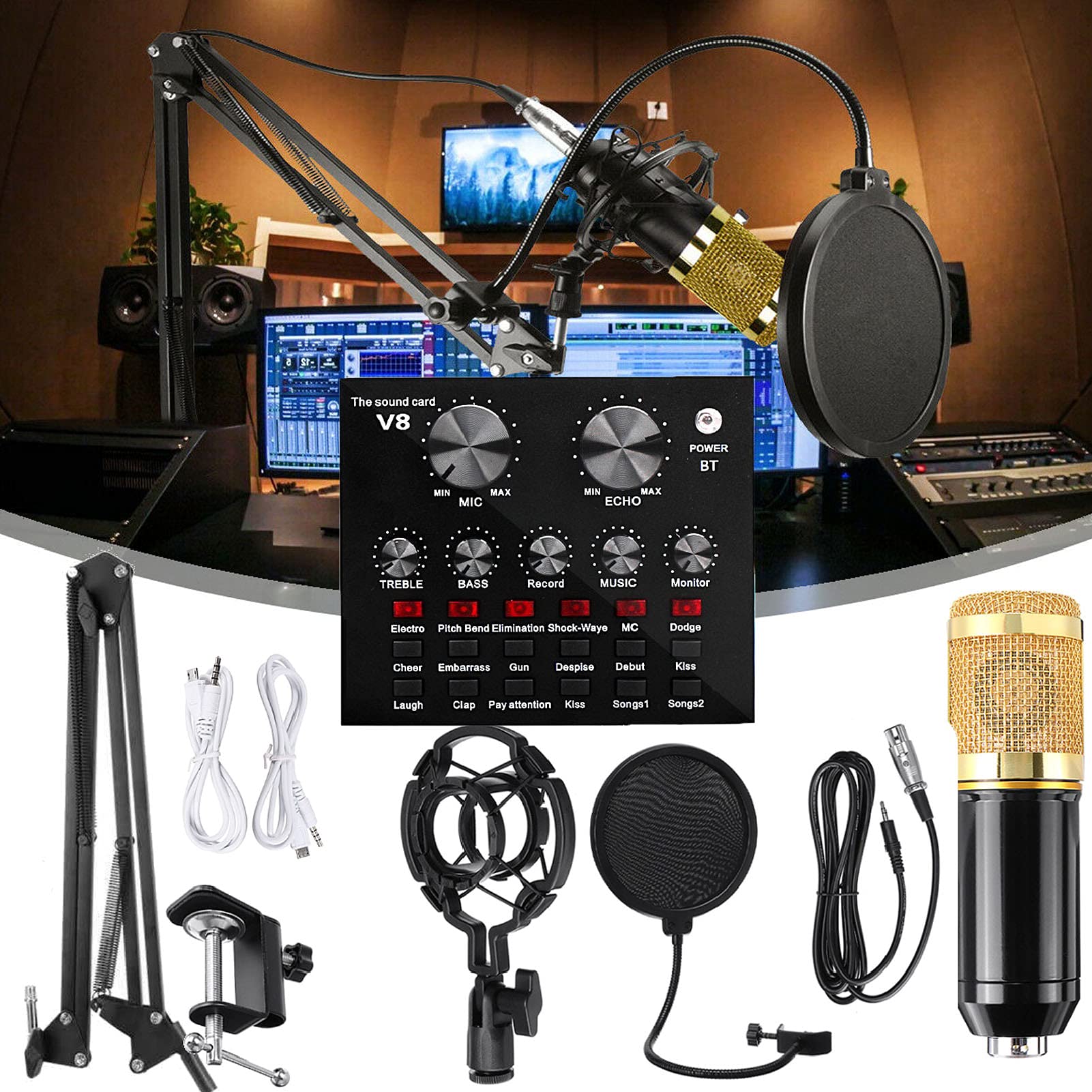Carte Son multifonctionnelle en Direct, Ensemble de Microphones pour Carte Son, Ensemble de Microphones en métal de Diffusion, Support réglable, 12 Effets sonores de Fond