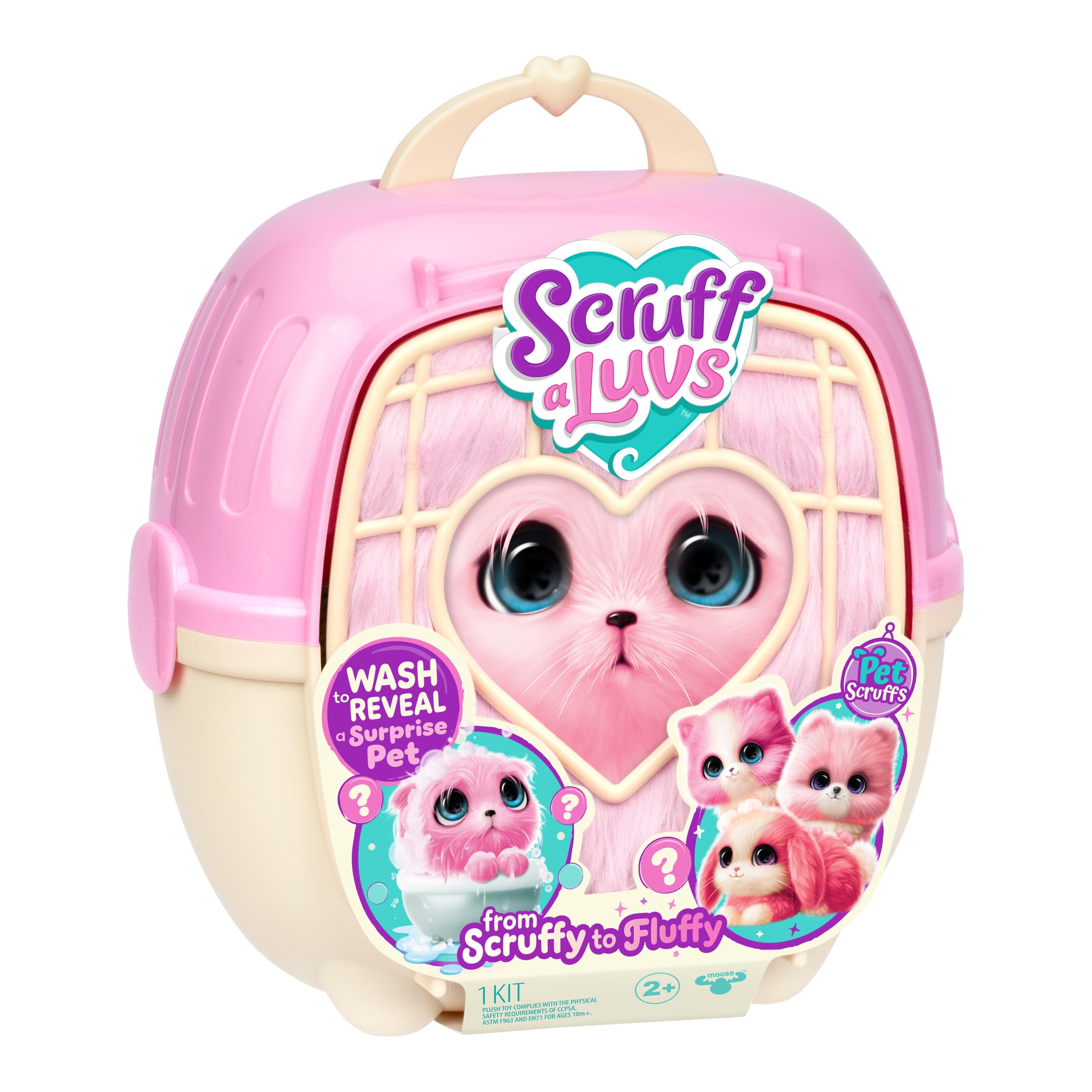 ScruffaLuvs Pet Scruffs - Kitty - Mystery Plush Toy, 19cm Tall - Rescue, Wash, Reveal, and Adopt a Purple Kitty - Includes 22cm Deluxe Pet Carrier, Nurturing, Care & Play, Gift for Kids