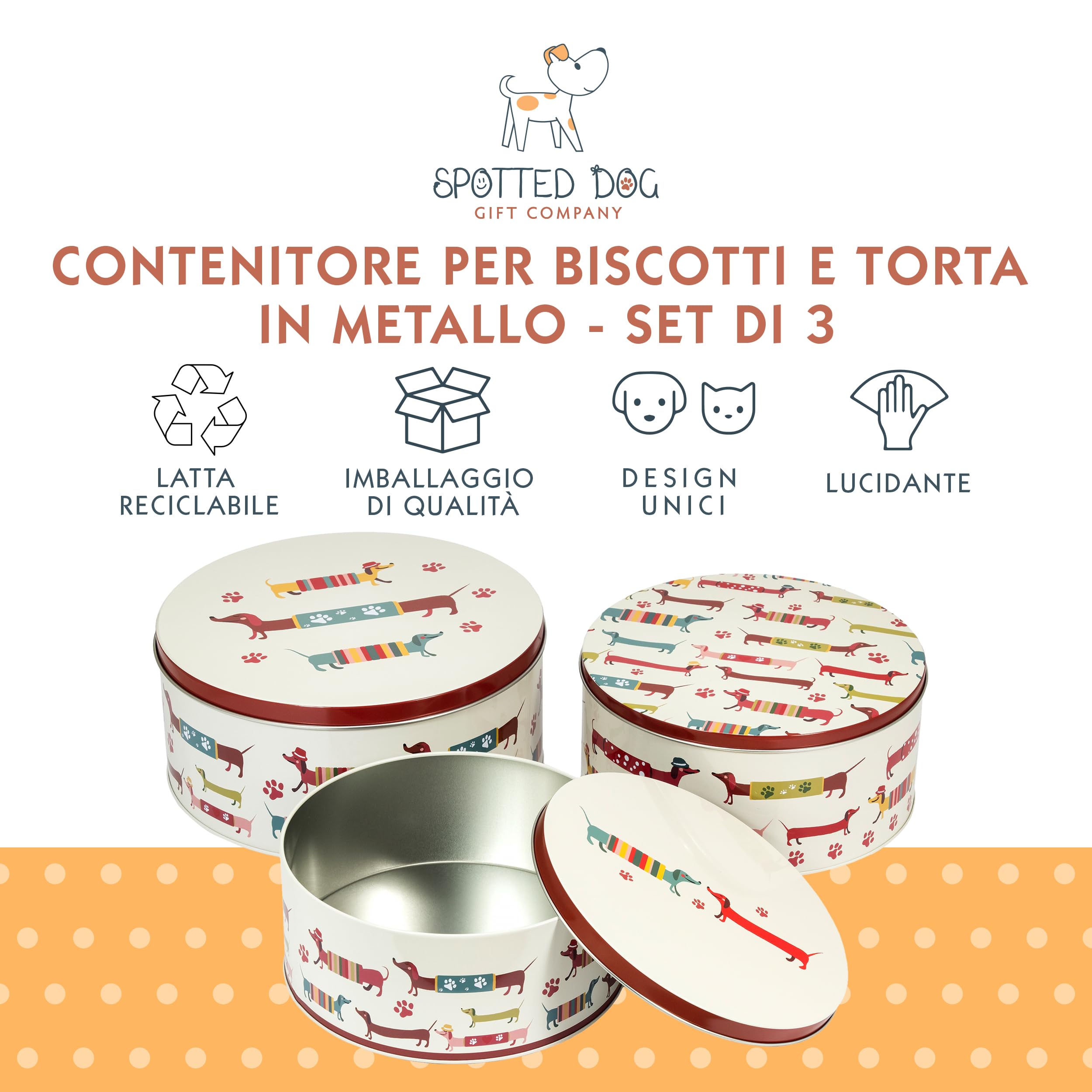 SPOTTED DOG GIFT COMPANY Set di 3 Scatole di Latta, Contenitori Impilabili per Biscotti in Metallo, Barattoli di Latta Rotondi Ermetici per Conservare Torte e Alimenti, Piccola Media Grande - Bassotti