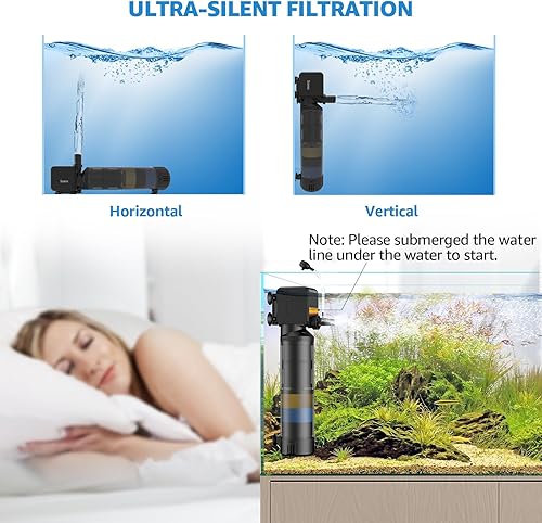 Miniatura 5 de Filtro de acuario de 20 W filtros de tanque de peces de 3 etapas con modo de aireación, oxigenación y lluvia, filtro sumergible de acuario de 320