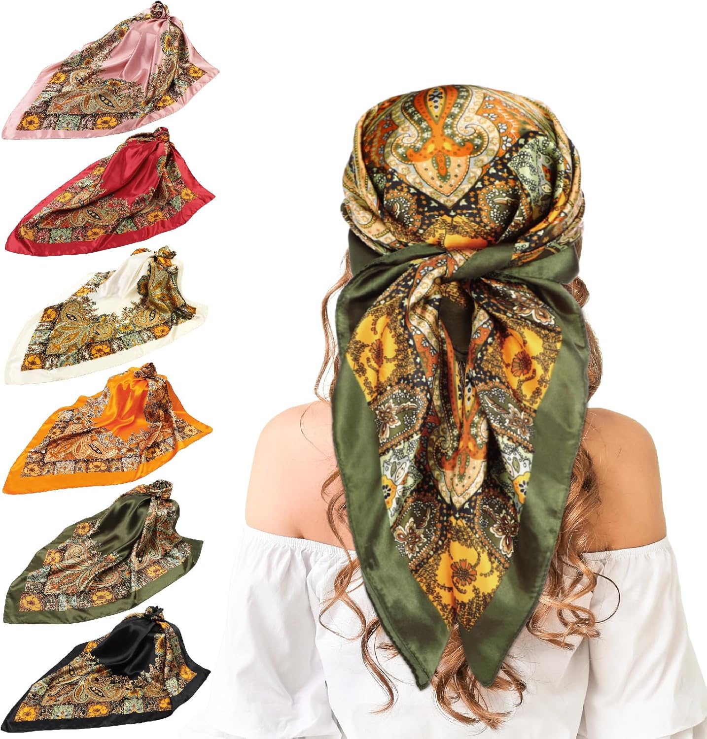 JATEBI Women Large Satin Scarf Silk Feel Square Wraps Big Hair Bandanas Vintage Print Solid Color Bandana Scarves