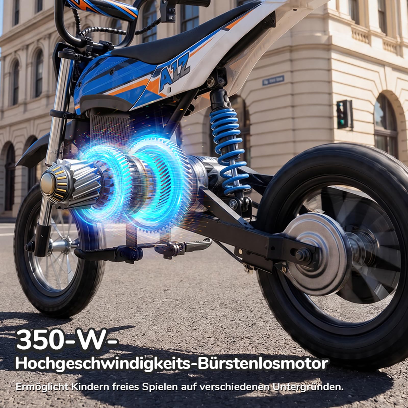 A12 Elektro Motorrad für Kinder ab 110cm Körpergröße 3–12-Jährige (Blau) | Elektromotorrad mit 350W Motor, 3 Geschwindigkeitsmodus, 20KM Max Reichweite, 12 Zoll Luftreifen,LED,doppelte Stoßdämpfung