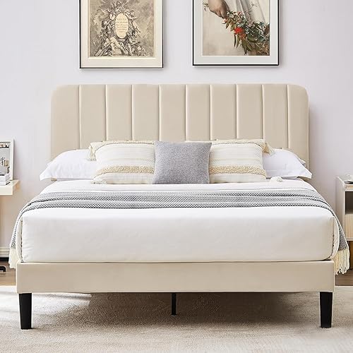 VECELO Queen Size Upholstered Bed Frame with Adjustable Headboard, Velvet Platform Bedframe Mattress Foundation, Strong Wood Slat Support, No Box Spring Needed, Beige