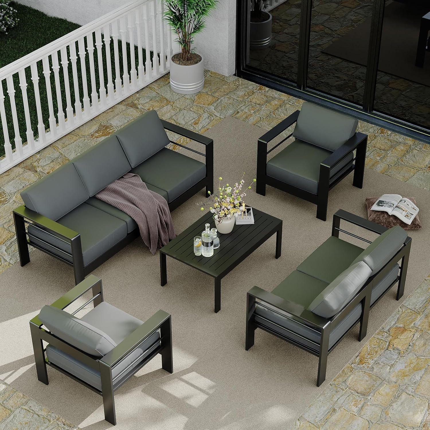 Aluminum Patio Furniture Set with Coffee Table, Outdoor Sectional Patio Set with Washable Thick Cushions, Patio Conversation Sets for Porch, Pool Side, Deck (Gray, 5 Piece / 7-Seats)