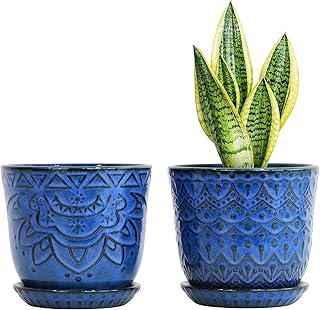 Gepege 6 Inch Blue Ceramic Planter, Plant Pot with Drainage Holes and Sa...