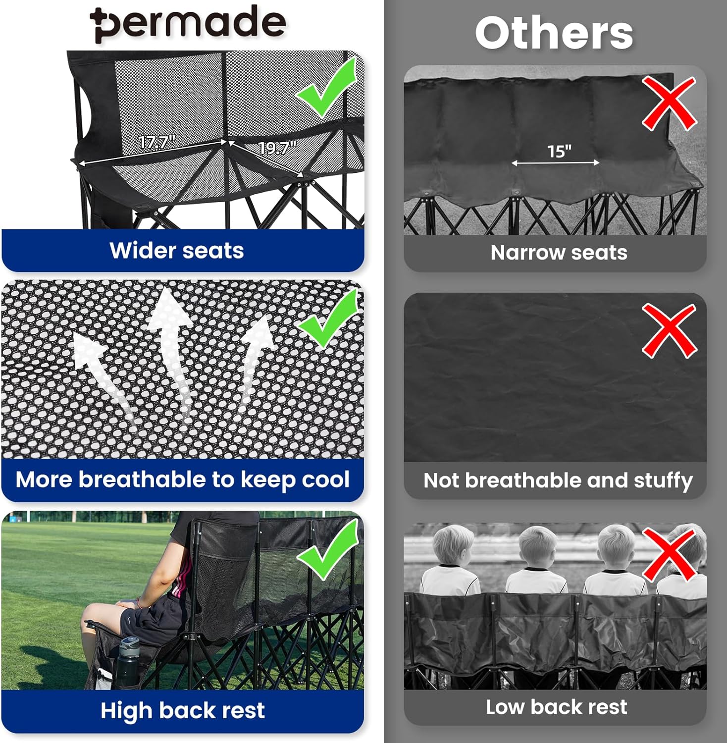 Soccer Bench- Folding Team Bench Soccer 4 Seats, Portable Sideline Sports Benches with Mesh Seat and Back with Bag, Foldable Breathable Chairs for Sports Football Camp Events (Black