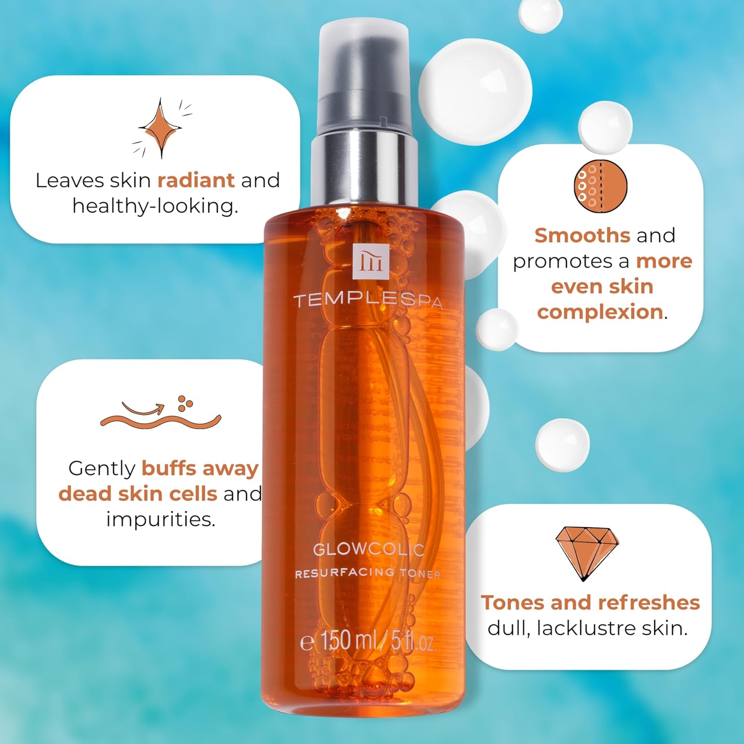 TEMPLESPA | GLOWCOLIC | Exfoliating Toner with Glycolic Acid, Vitamin C and Hyaluronic Acid to Reveal Smooth and Glowing Skin, Natural Ingredients, Cruelty-Free, Vegan, 5.0 fl.oz.