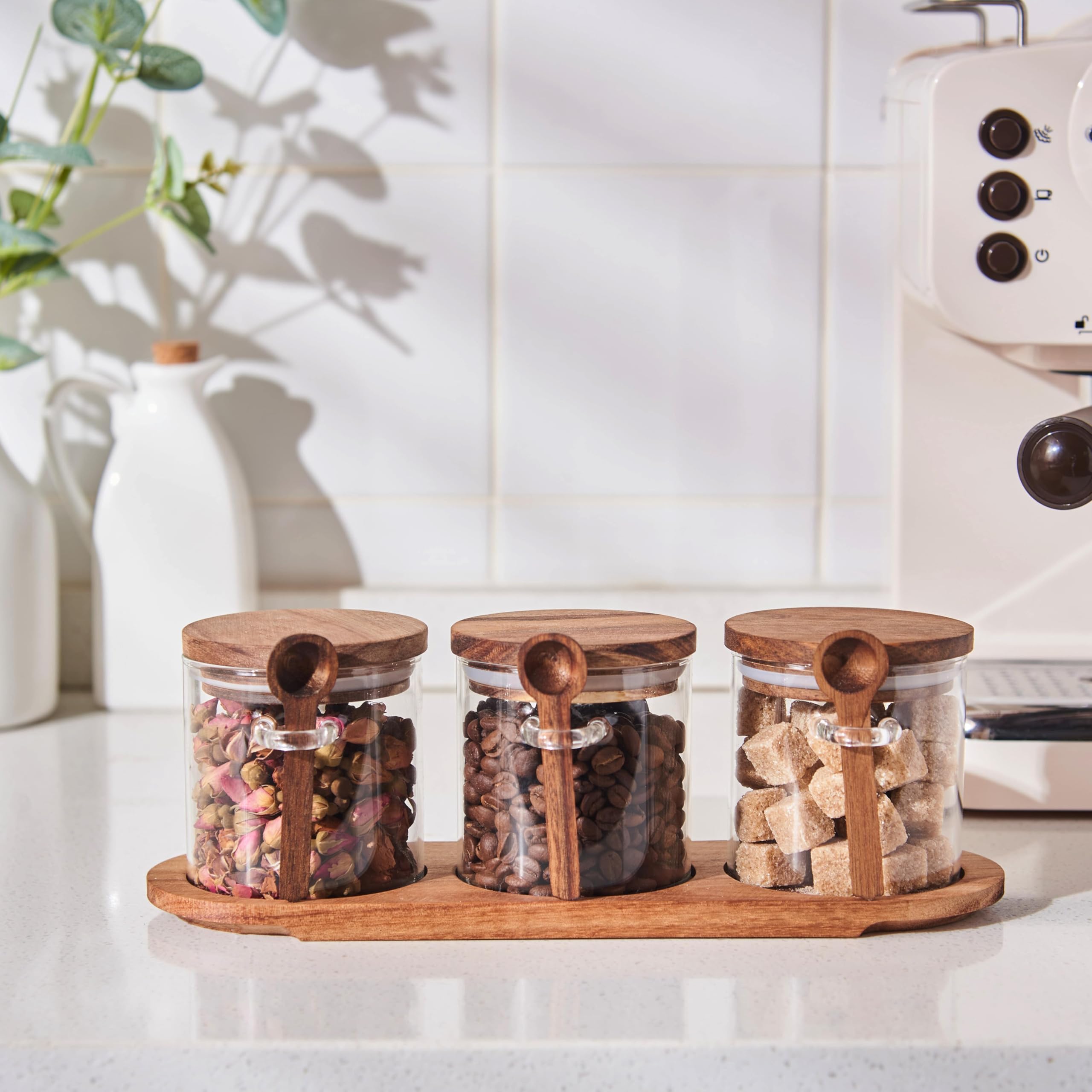 Eden & Willow 3-Piece Airtight Glass Kitchen Storage Jar Set with Acacia Wooden Lids, Spoons, and Sectioned Wooden Tray – Borosilicate Glass Canisters for Sugar, Coffee, Tea, and Spices
