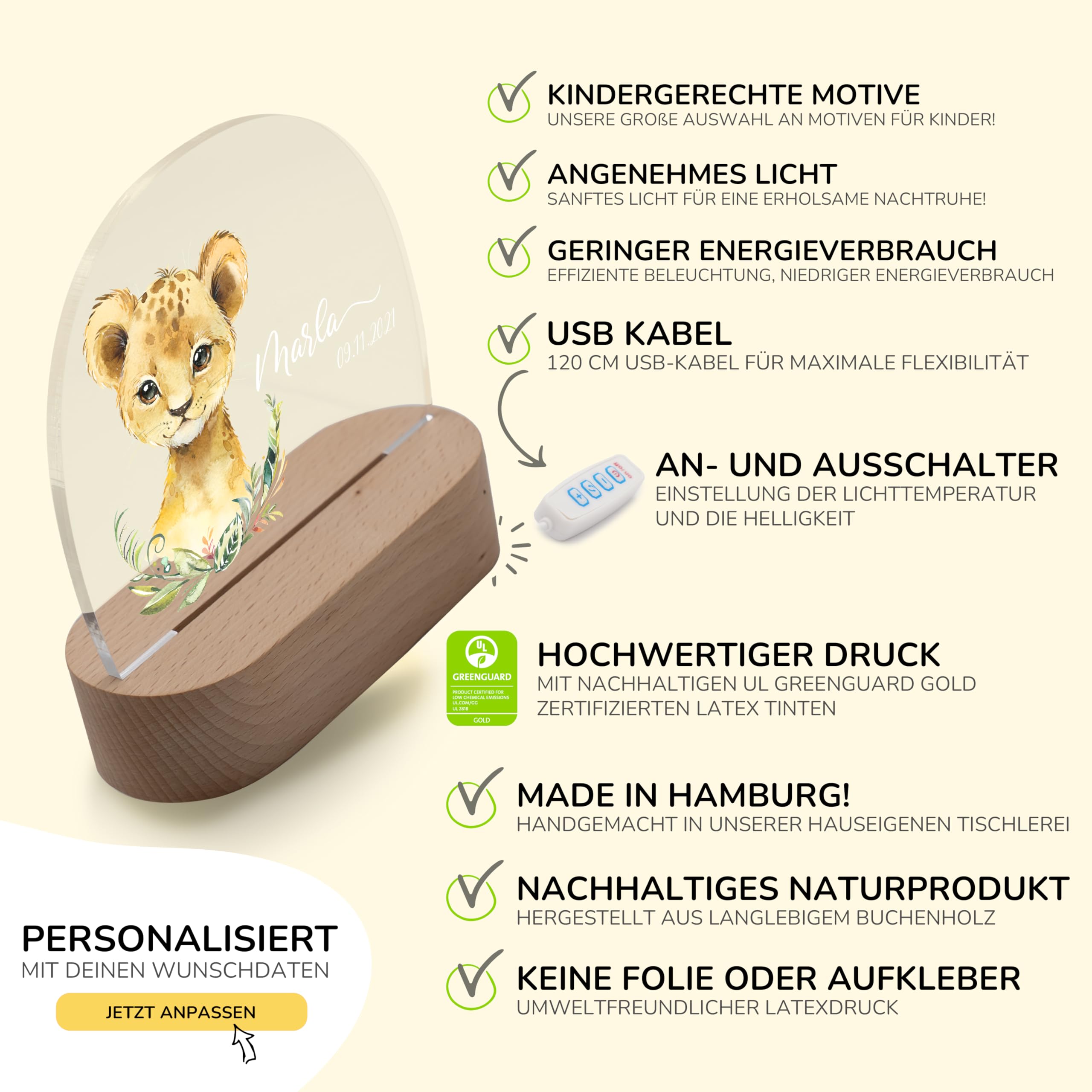 Kidsmood Nachtlicht für Babys mit Wunsch Namen - Personalisiertes Stilllicht & LED Nachttischlampe Kinderzimmer, dimmbar – Geschenk zur Geburt, Taufe & Geburtstag für Mädchen & Jungen [Löwenbaby]