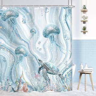 Blue Marble Ocean Shower Curtain 60Wx72H Summer Sea Turtle Starfish Seashells Abstract Texture Coral Coastal Jellyfish Modern Bathroom Decor Sealife Bath Curtain Fabric Polyester 12 Pack Hooks