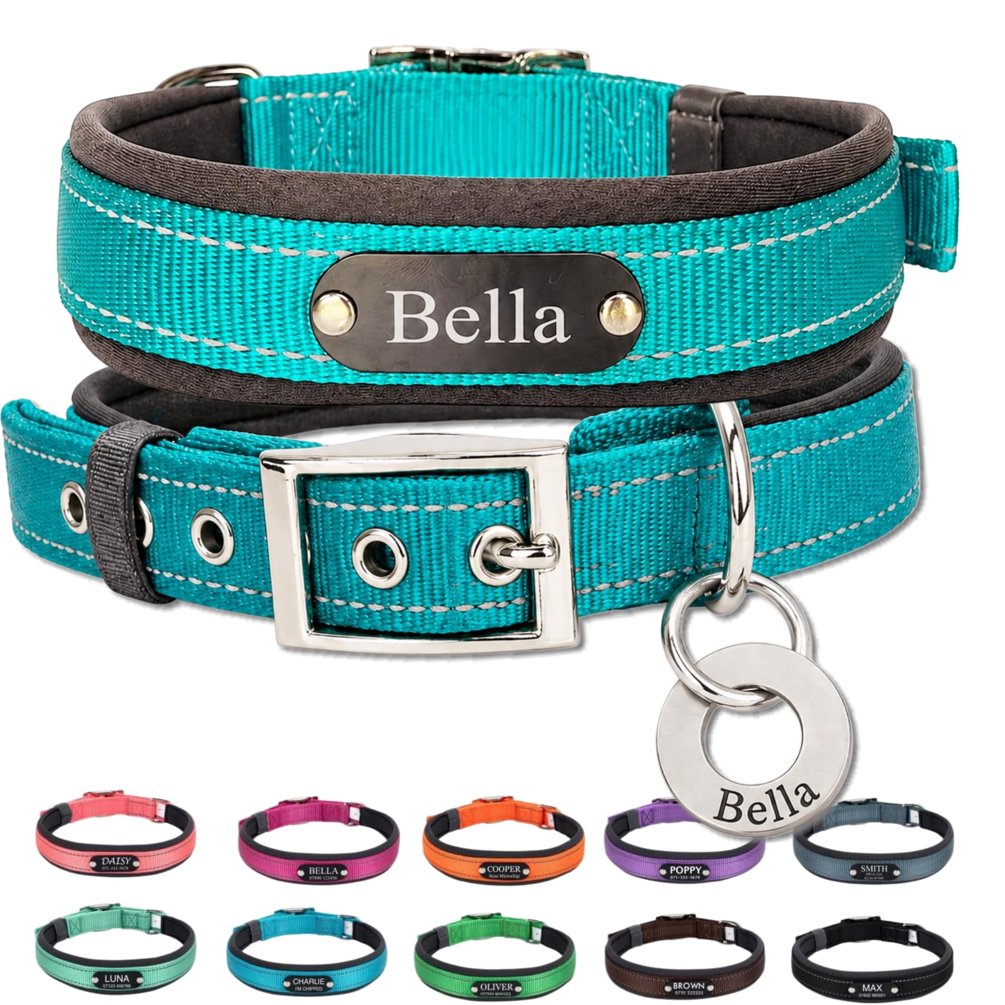Personalised Nylon Dog Collar with Deep Engraved Name Plate - Reflective Collar UK Dispatched with Custom ID Tag Padded Anti-Chafe Design Name & Phone Number Durable Pet Collar for All Breeds — image 1