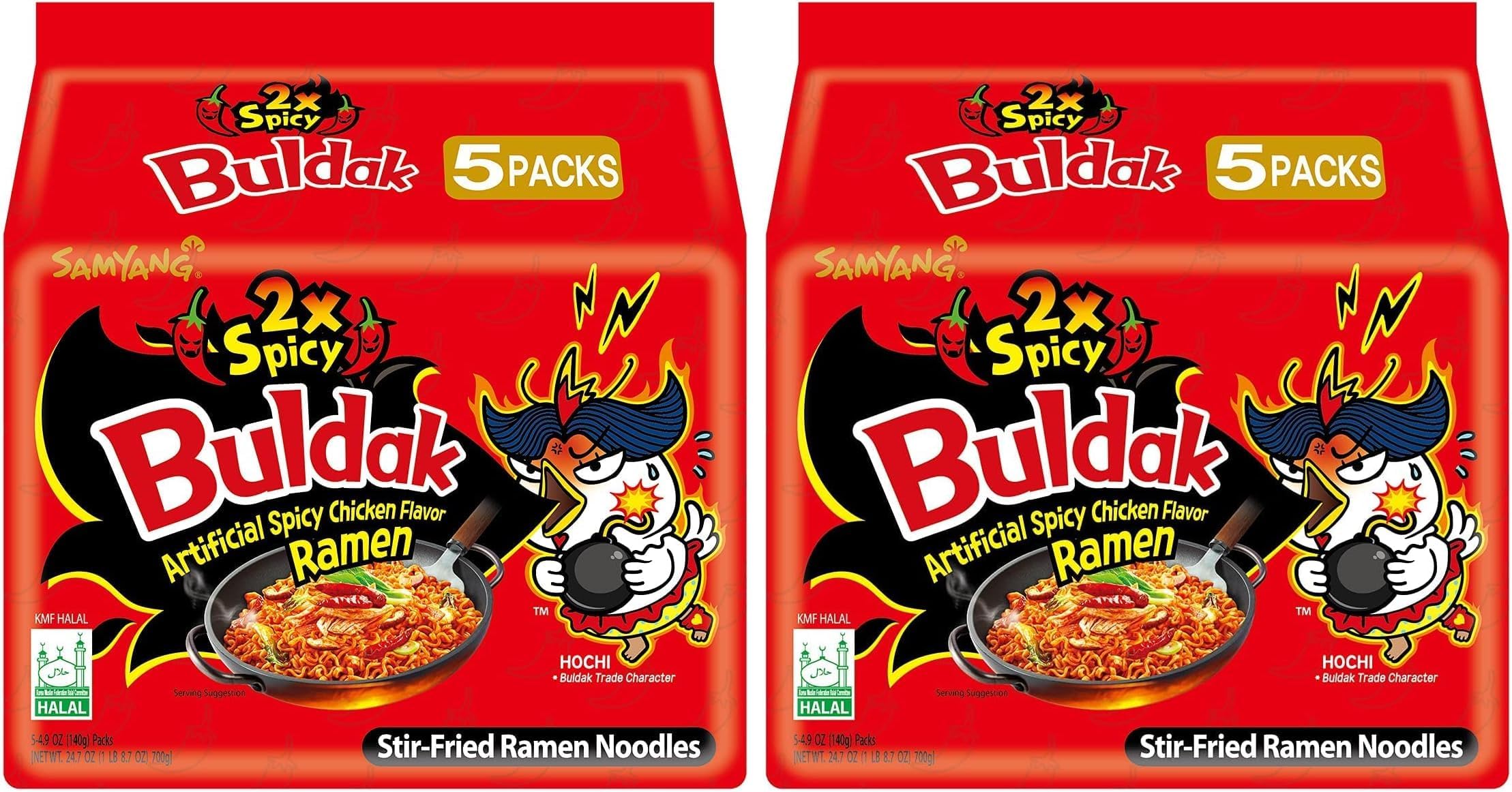Buldak Hot Chicken Ramen, Korean Stir-Fried Instant Noodle, 2X Spicy, 4.94 OZ(140g), (Pack of 10)