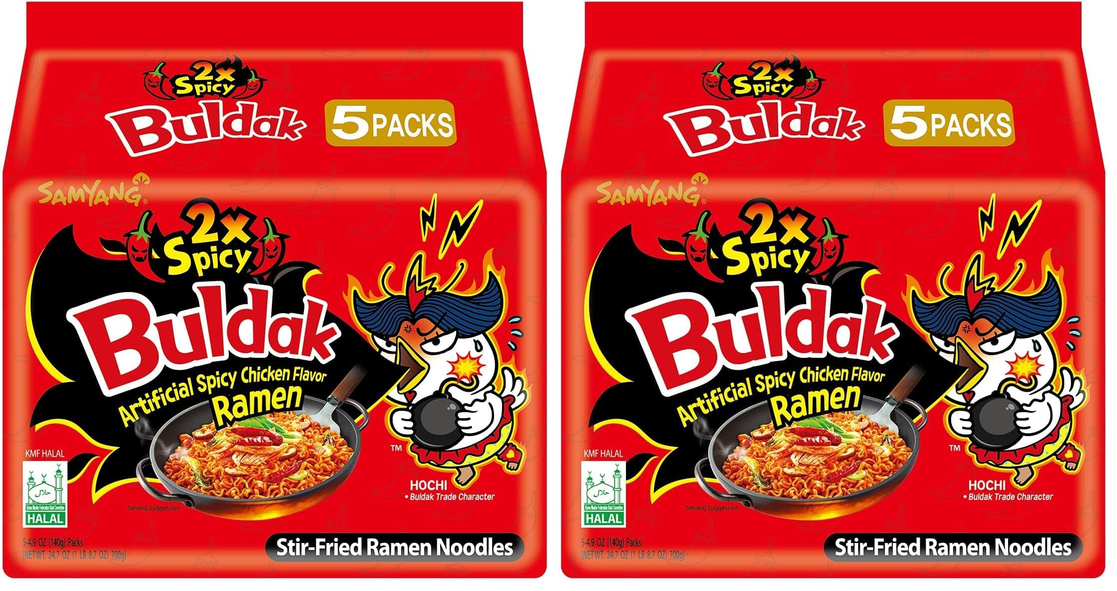 Samyang Buldak Hot Chicken Ramen, Korean Stir-Fried Instant Noodle, 2X Spicy, 4.94 OZ(140g), Pack of 10