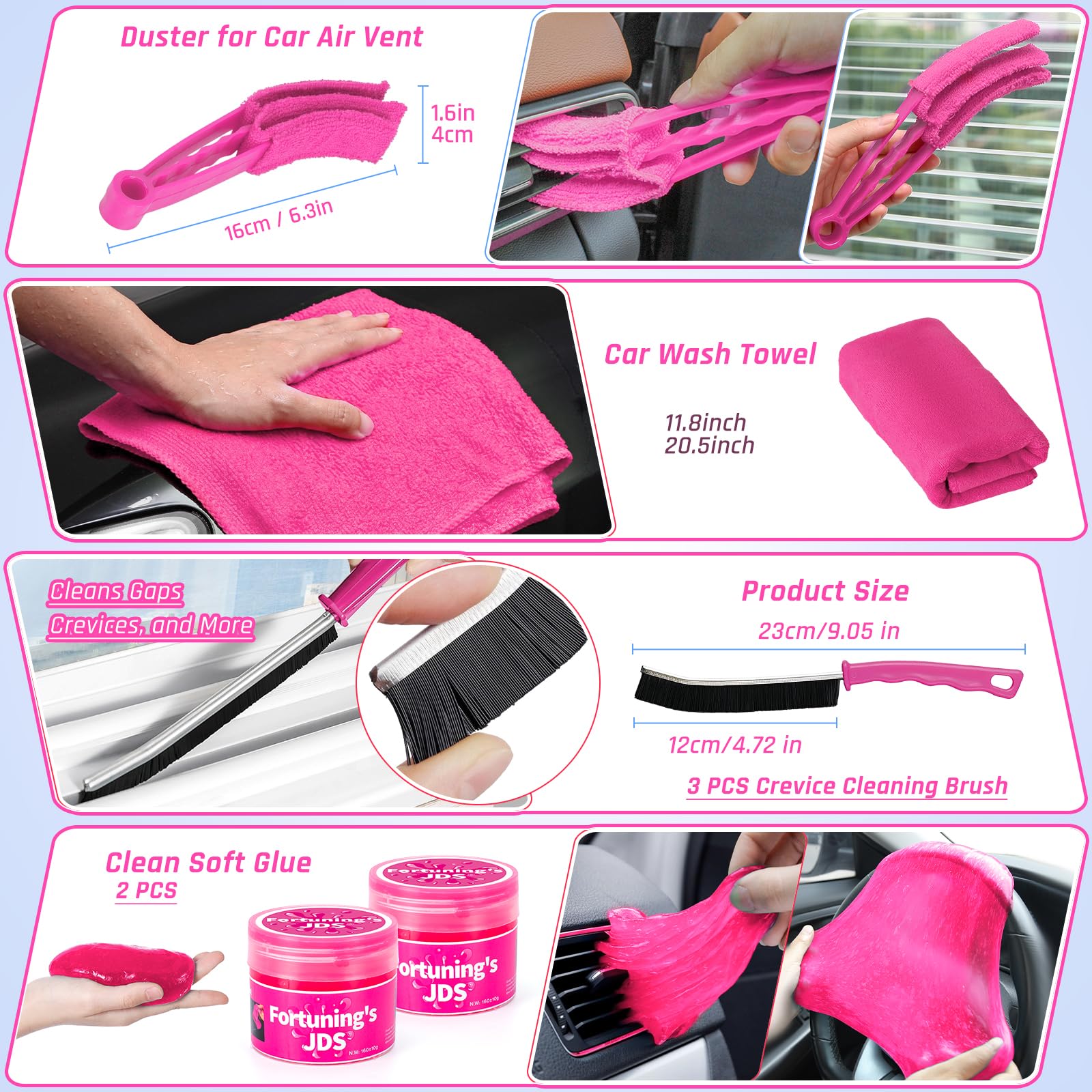 Kit di Pulizia per Interni dell'auto, 38 Pezzi, con aspirapolvere Portatile ad Alta Potenza, Kit di Lavaggio Auto con Set di pennelli per Dettagli, Kit di Dettagli Interni Auto, Accessori Rosa per