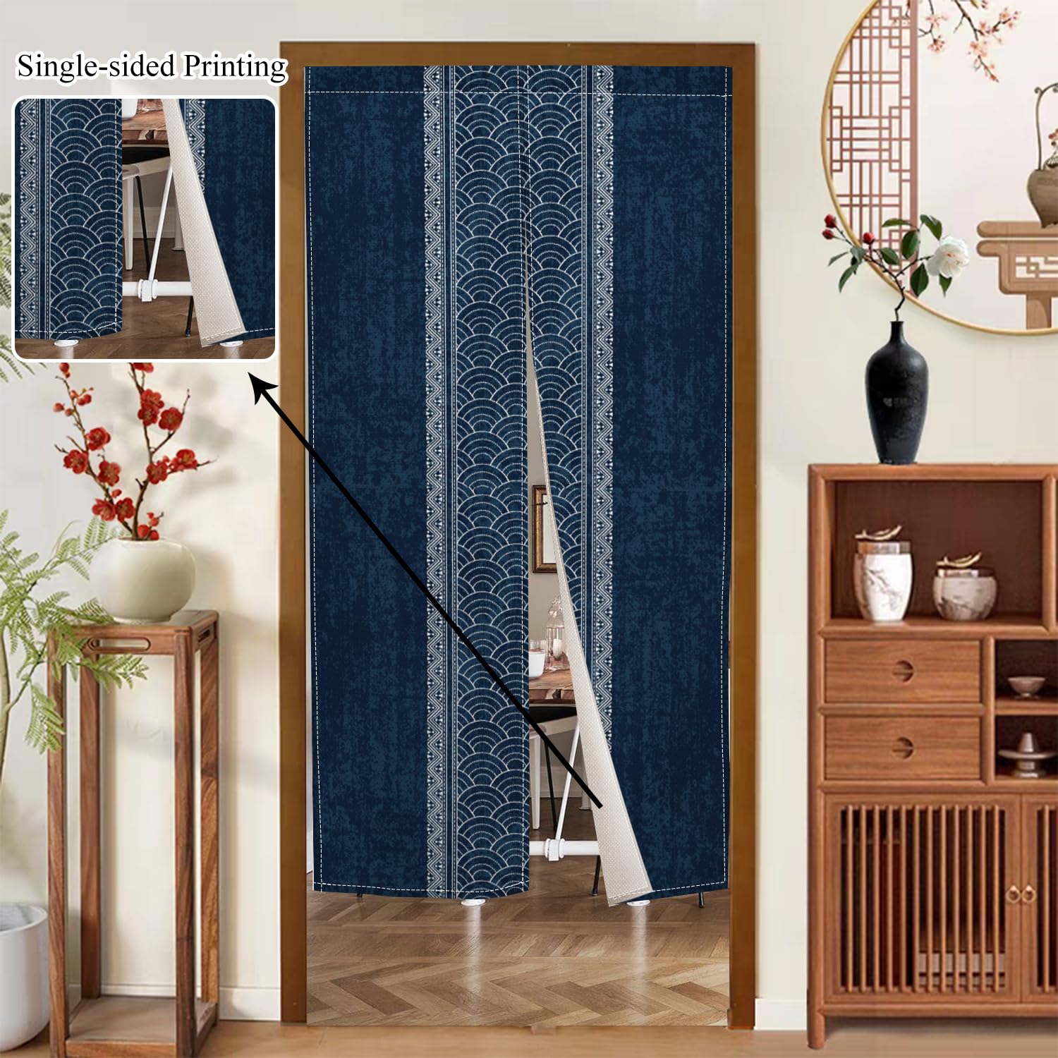 Rideau De Porte Japonais Noren - Bleu Motif Encre - 85x150cm - Séparation Pièce