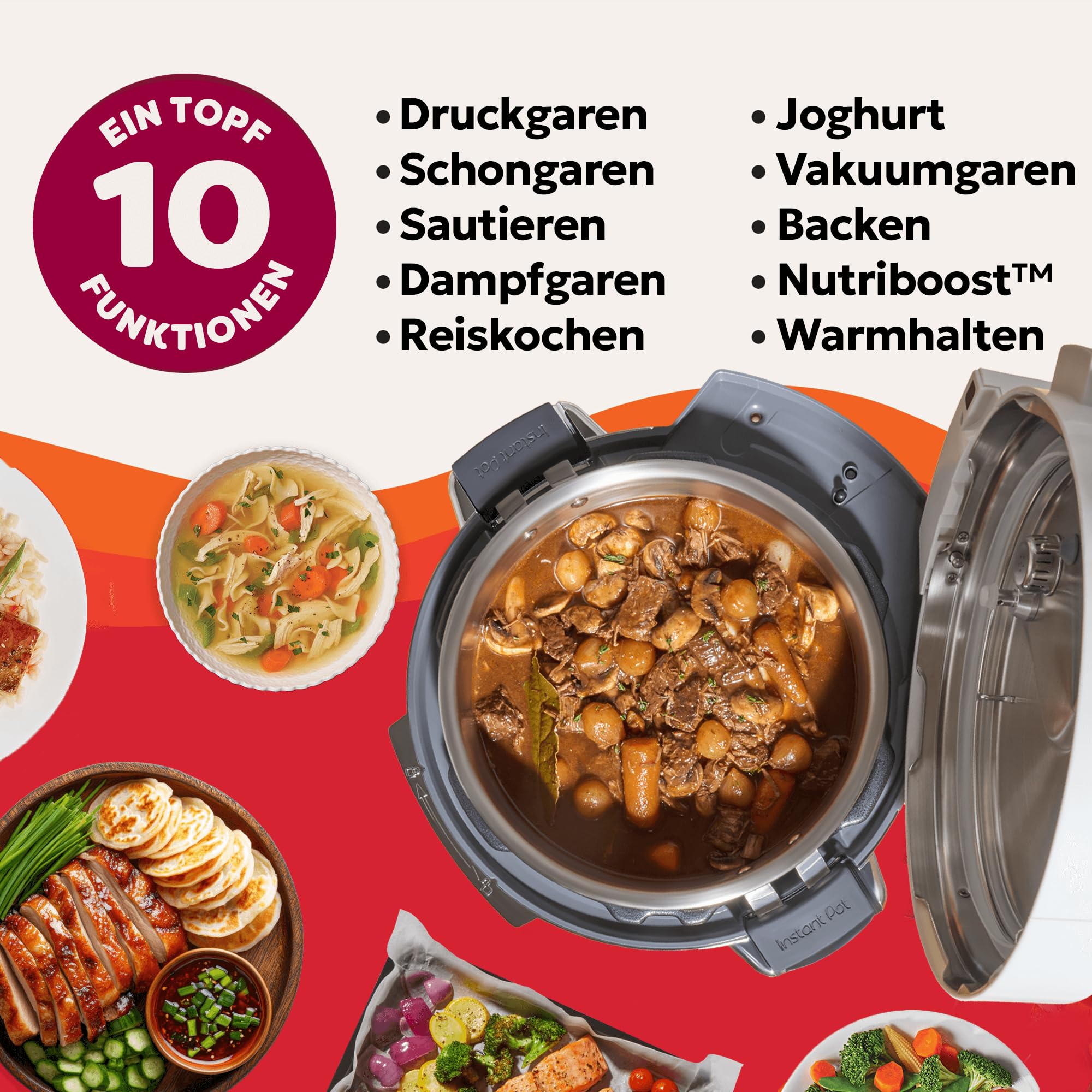 Instant Pot Pro 10-in-1-Multikocher 5,7 l – Weiß, Schnellkochtopf, Schongarer, Reiskocher, Sauteuse, Joghurtbereiter, Speisenwärmer,Vakuumgarer,Dampfgarer, Backen, NutriBoost™, spülmaschinenfest.