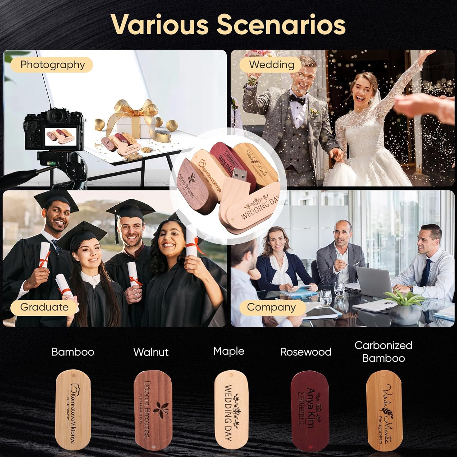 2GB 10Pcs Personalized Custom Wood USB 2.0 Flash Drive, Bulk Customized Swivel Thumb Drive, Engraved Wooden Memory Stick, Engraved/Printed Your Logo & Text for School/Office/Company/Photography