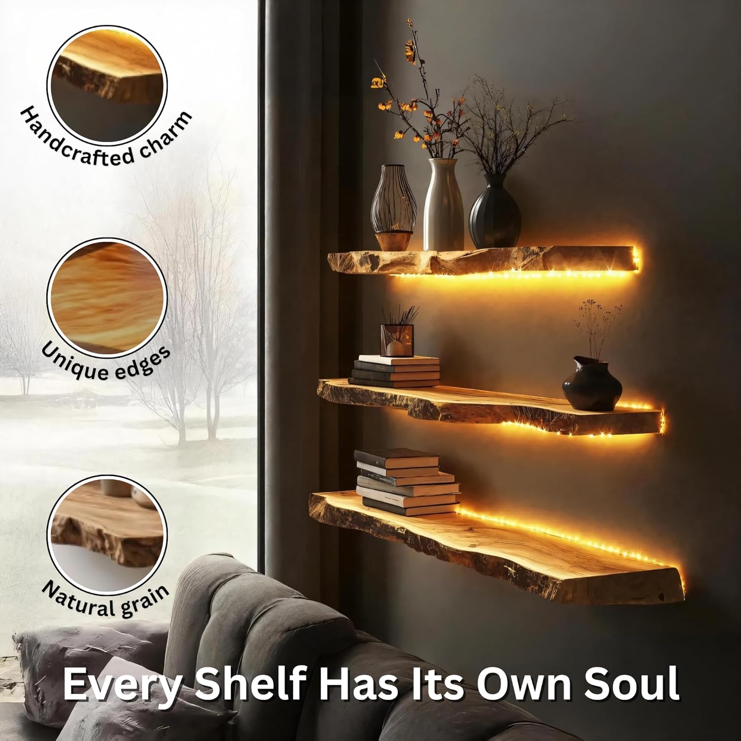 Live Edge Floating Shelves - Solid Monkey Pod Wood, Heavy Duty Hidden Brackets, Handcrafted Farmhouse Style Decor for Bathroom & Living Room (Natural, 36 inch, 1)
