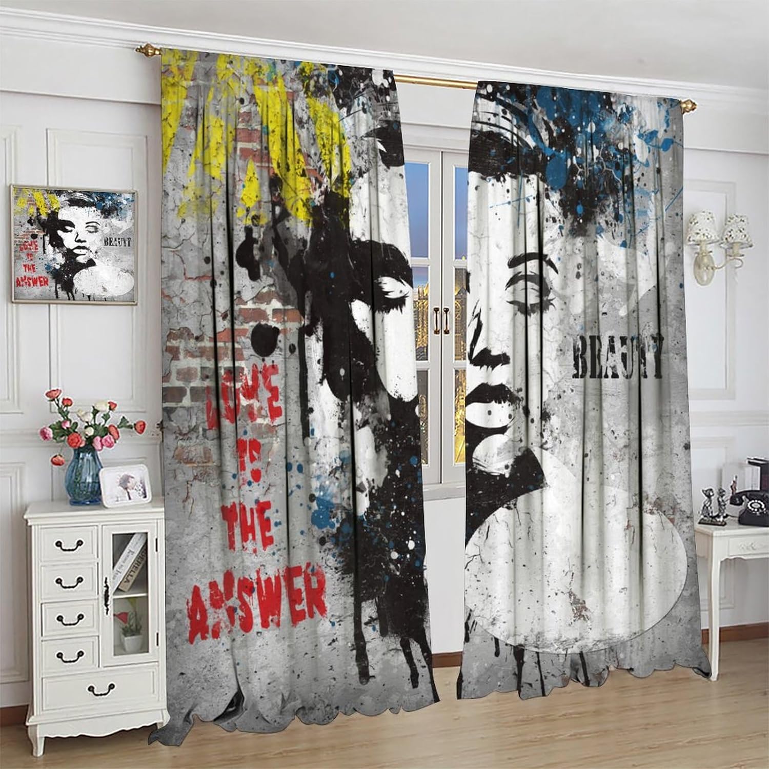 Graffiti Blackout Window Curtains, Vintage Abstract Art Gray Women's Wall Patterned Decorative Insulated Rod Pocket Curtains for Kids Boys Girls Bedroom Living Room Bathroom 42x45in（Blackout）