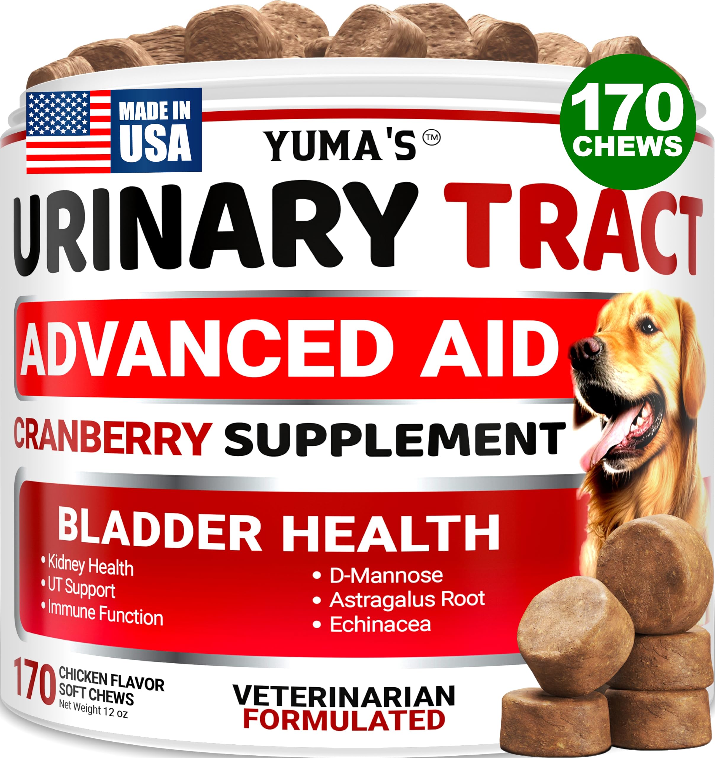Dog UTI Chews - 170 Treats - Cranberry Supplement for Dogs - Bladder Control - Digestion & Immune Support - Urinary Tract Health - Multivitamin - Vitamins and Supplements - Made in USA