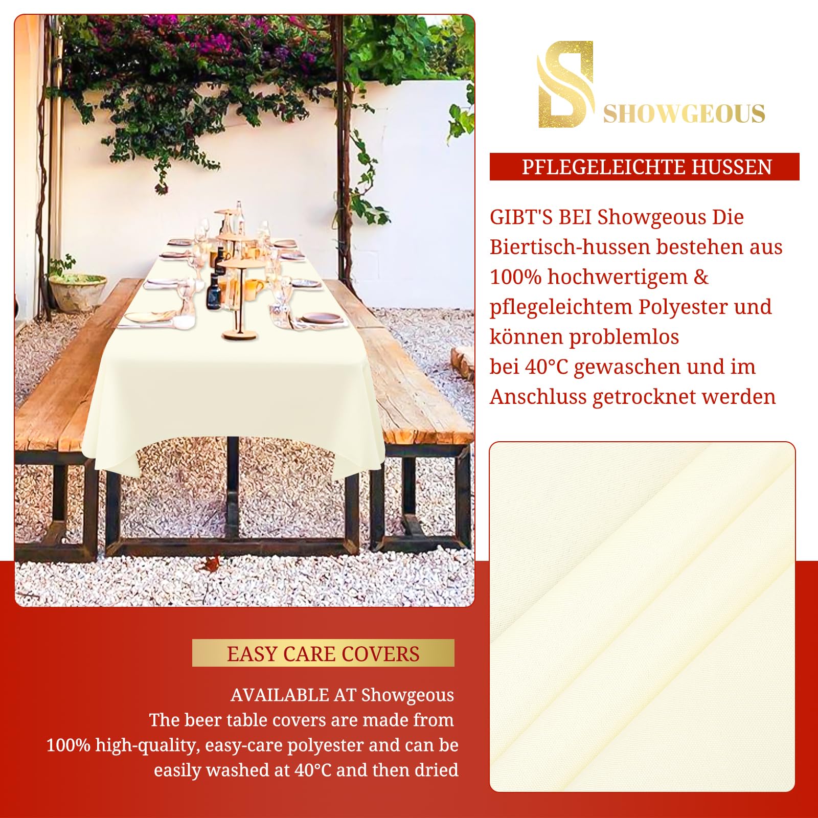 Showgeous Tovaglie da Birra Universali da 10 Pezzi per Tavolo da Birra da 50 cm e 70 cm, Tovaglie Rettangolari Lavabili 100x250 cm (Avorio)