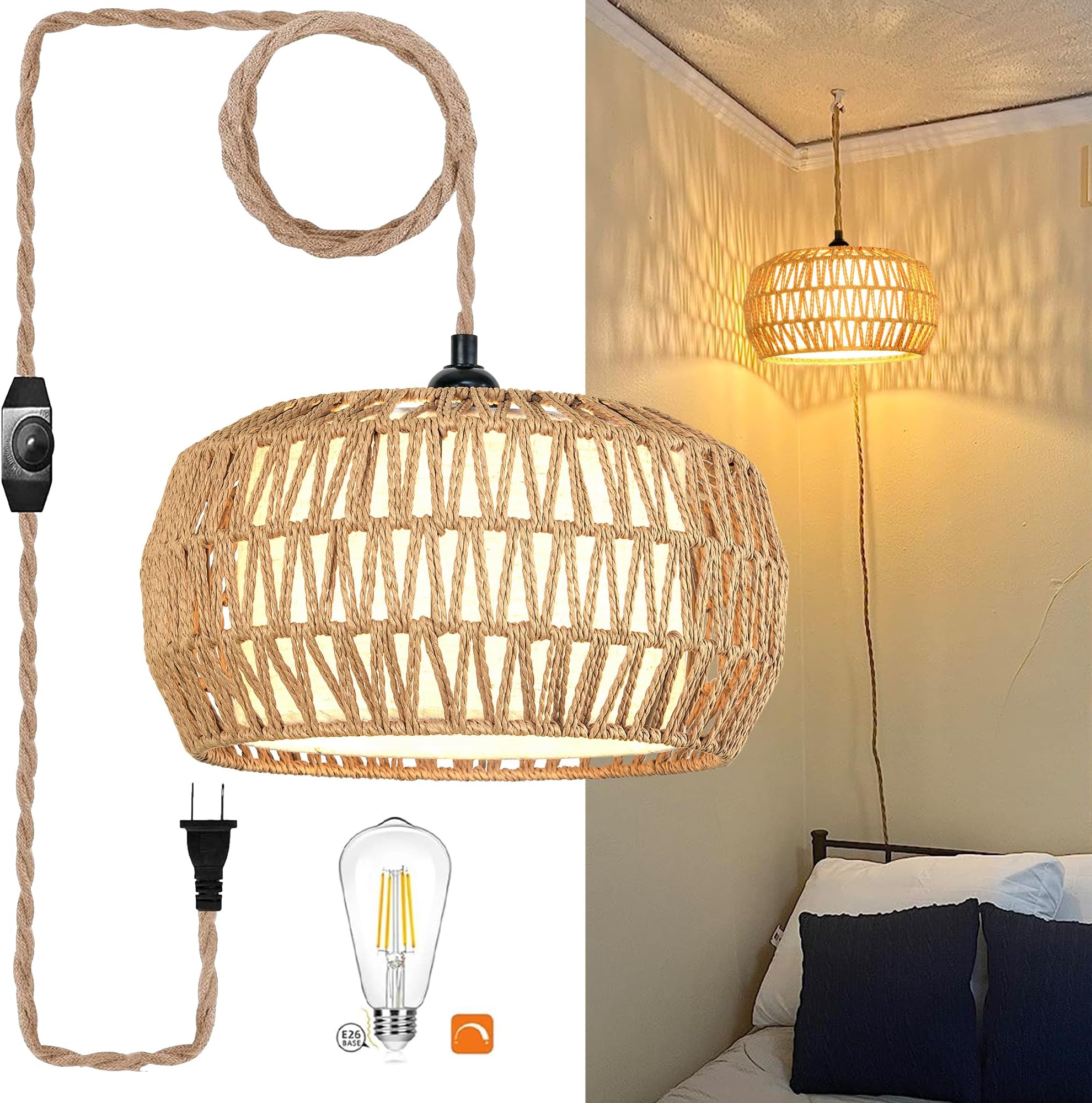 AHDWDW Rattan Boho Hanging Lamp Plug in Pendant Light,Farmhouse Hanging ...