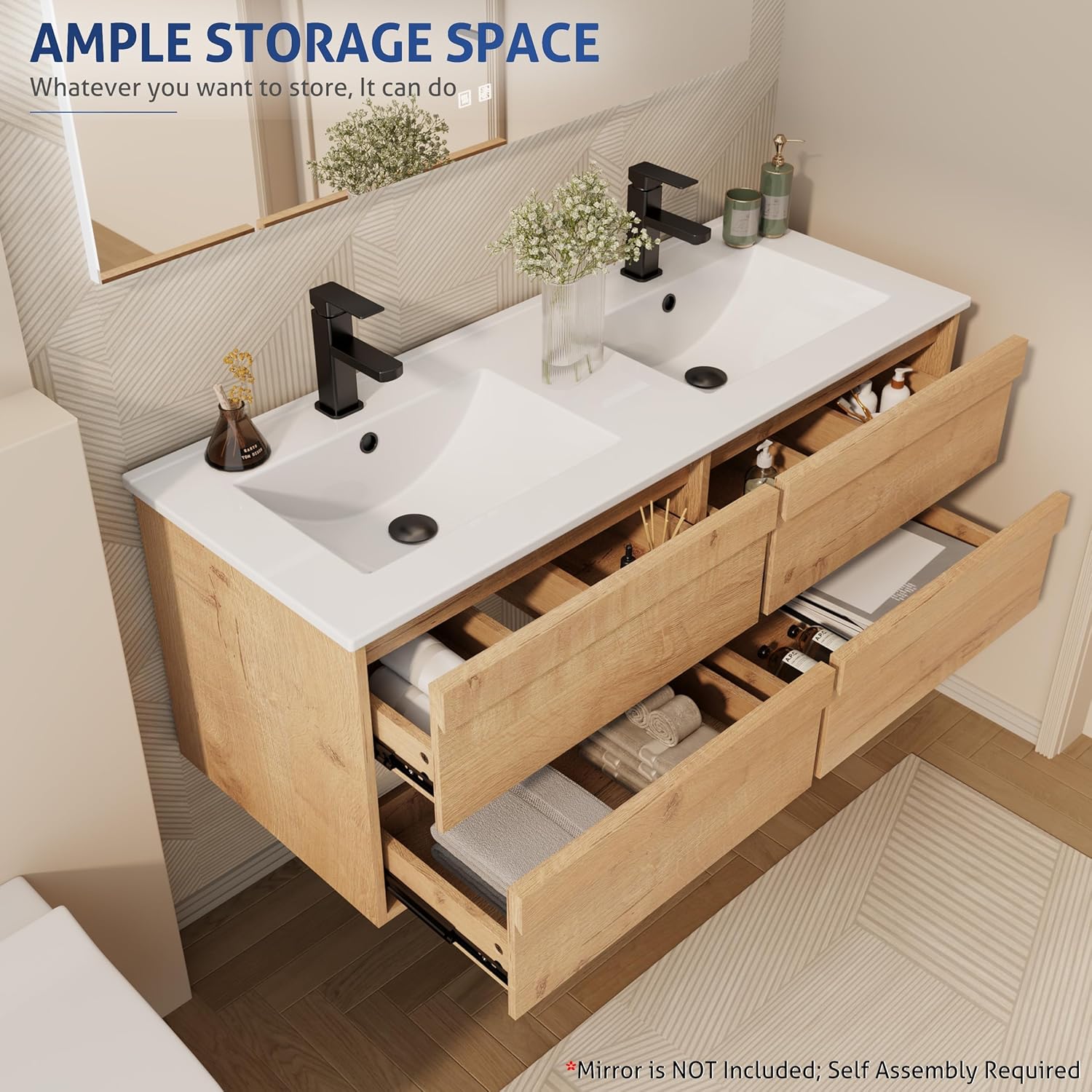 eclife 48" Floating Bathroom Vanity Sink Combo, Wall Mounted Modern Minimalist Storage Cabinet with 4 Drawers, Include Sink, Faucet & Drain, Natural