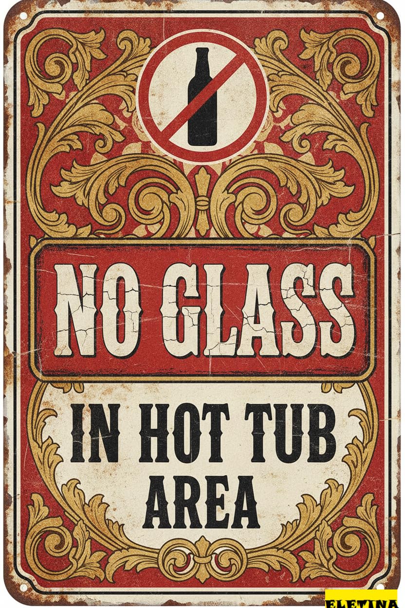 No Glass In Hot Tub Pool Rules Tin Sign, 8x12 Inch Decor
