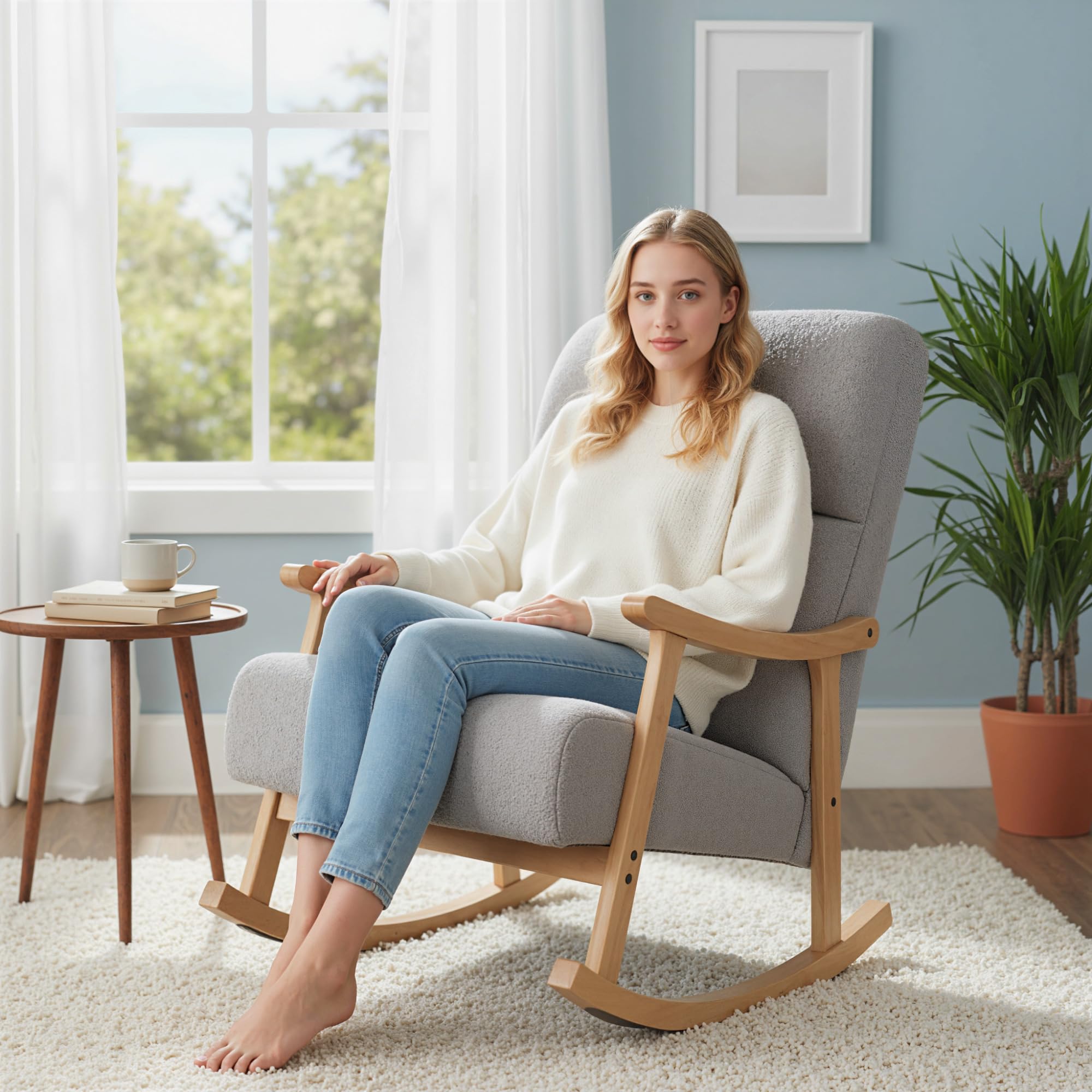 HOMCOM Silla Mecedora de Borreguito Moderna, Mecedora con Patas y Reposabrazos de Madera de Caucho, Respaldo Alto, Carga 120 kg, para Dormitorio, Salón, Gris Claro