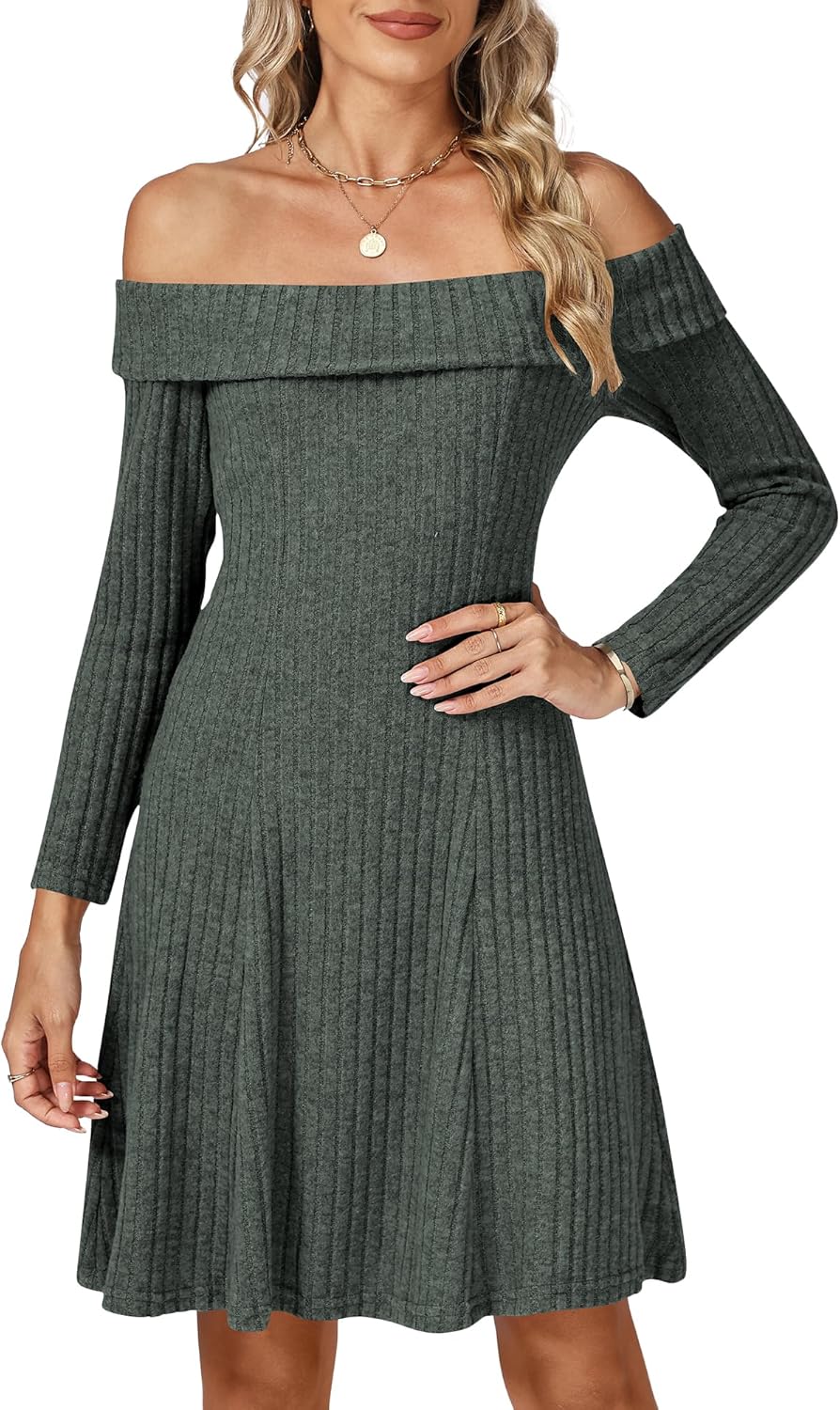 Womens Off The Shoulder Long Sleeve Casual Mini Dress