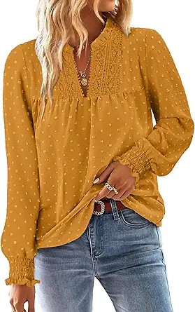 BETTE BOUTIK Women Boho Long Sleeve Shirts Dressy Casual V Neck Fall Fashion Tops Swiss Dot Flowy Blouses
